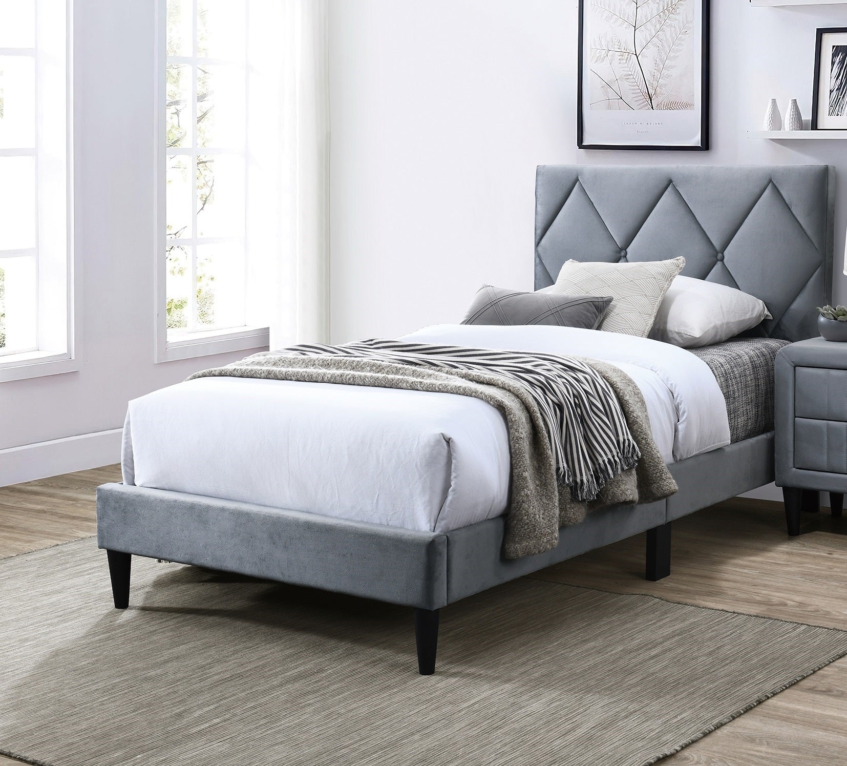 Full Size Bed W Adjustable Headboard 1Pc Bedframe, Grey Velvet Upholstered Youth Bedroom Furniture Box Spring Not Required Full Grey Wood Bedroom Classic,Contemporary,Mid Century Modern,Modern Bed Frame Foam Velvet Particle Board Mdf