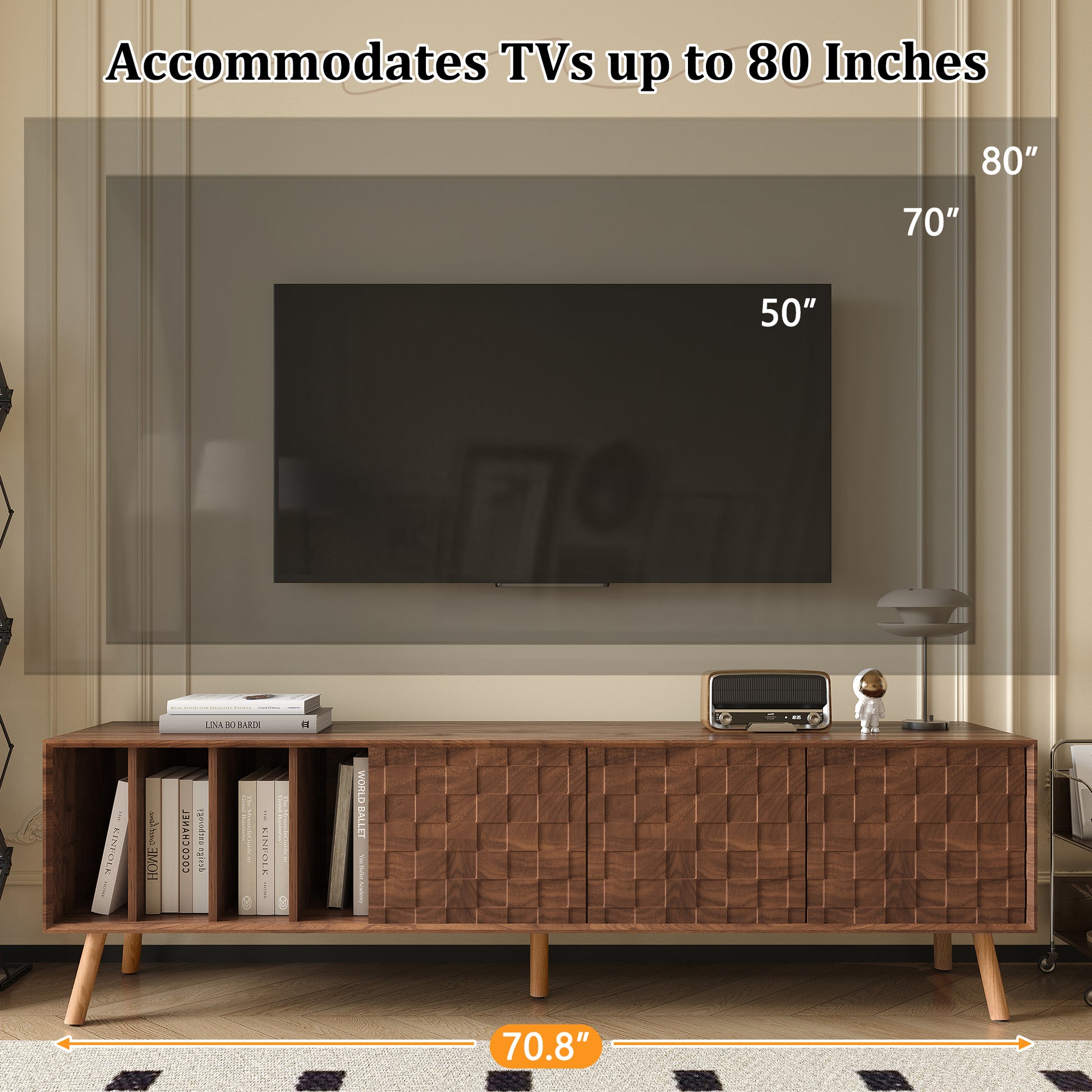 70" Mid Century Modern Tv Stand, Media Console Table For Tvs Up To 80'', Entertainment Center With 5 Solid Wood Legs For Living Room, Bedroom Walnut Primary Living Space 70 79 Inches 70 79 Inches