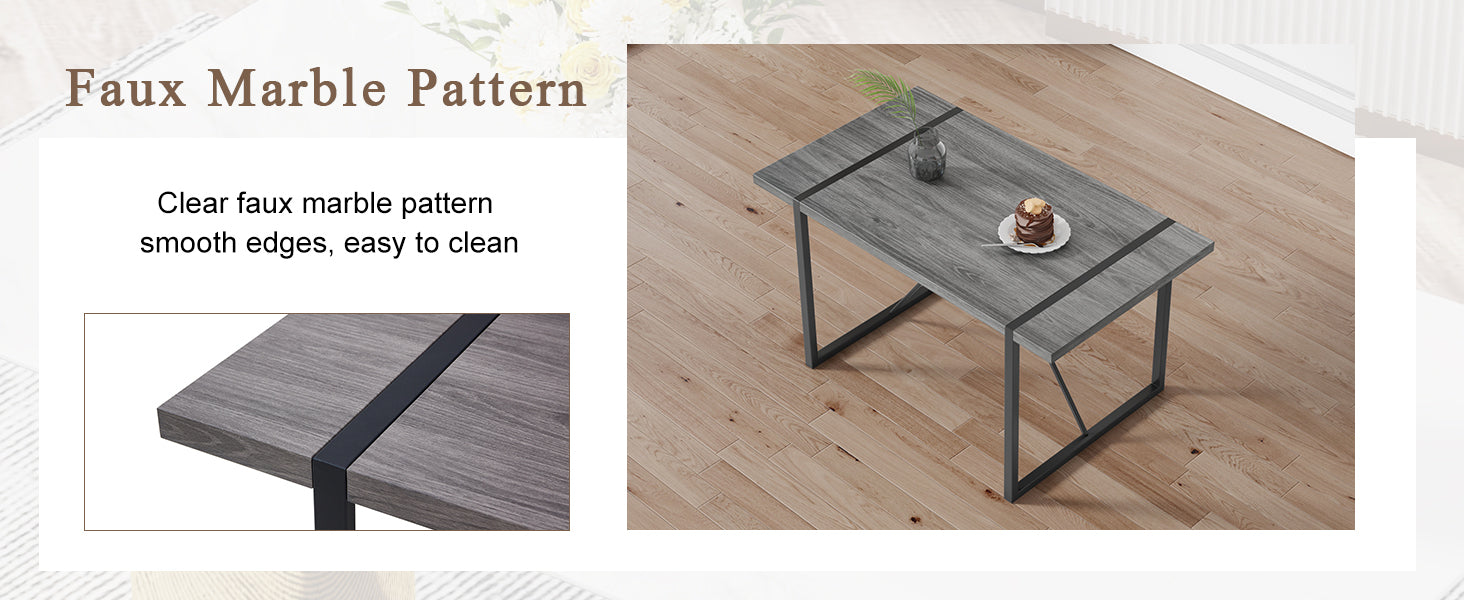 Table And Chair Set, Textured Top In Vintage Retro Grey Wood Grain Desktop, Black Metal Legs. Dining Chair With White Faux Leather Backrest Cushion With Black Metal Legs. Gray,Wood Seats 4 Mdf Metal