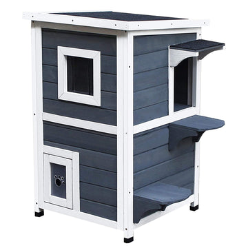 Pawhut Outdoor Cat House With Escape Door, Weatherproof 2 Story Wooden Feral Cat Shelter With Opening Asphalt Roof, Dark Gray Grey White Wood