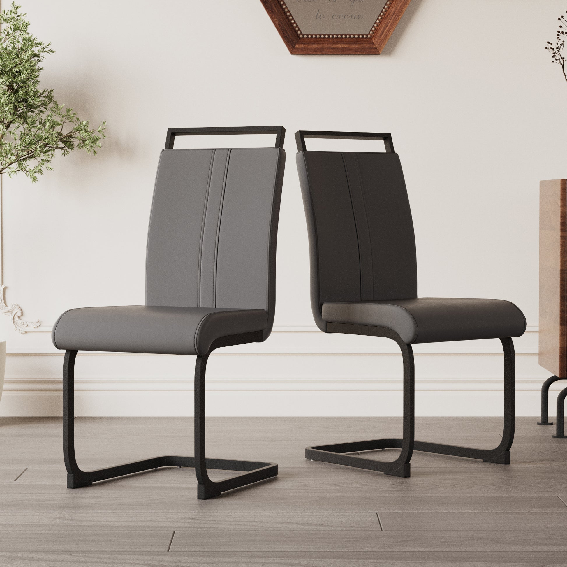 Modern Dining Chairs,Pu Faux Leather High Back Upholstered Side Chair With C Shaped Tube. Black Metal Legs For Dining Room Kitchen Vanity Patio Club Guest Office Chair Set Of 2 Grey Pu Grey Foam Pu