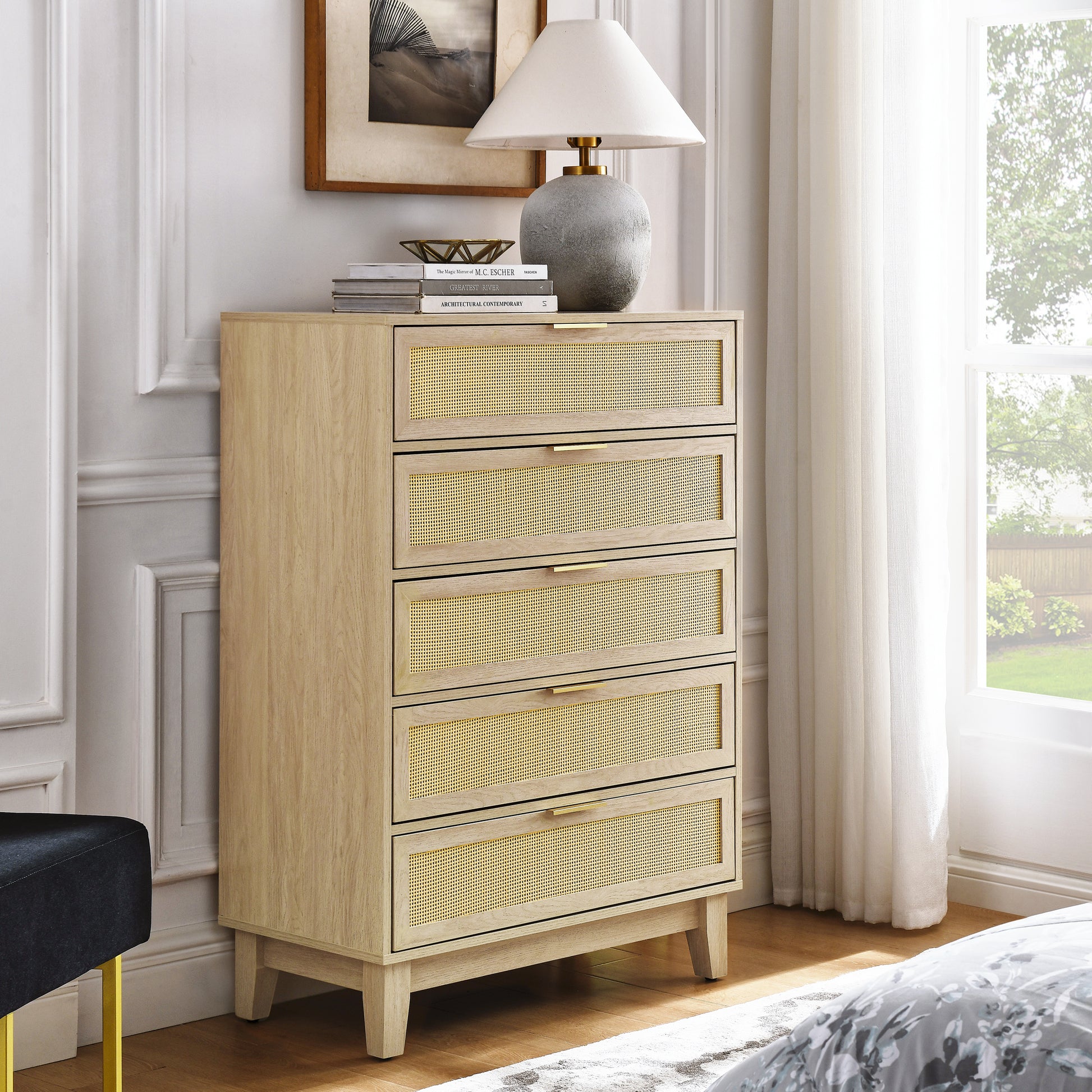 Bedroom 5 Drawer Dresser, Rattan Dresser Modern Wooden Chest Of Drawers With Spacious Storage Space For Bedroom Hallway Living Room Natural Wood Solid Wood Mdf