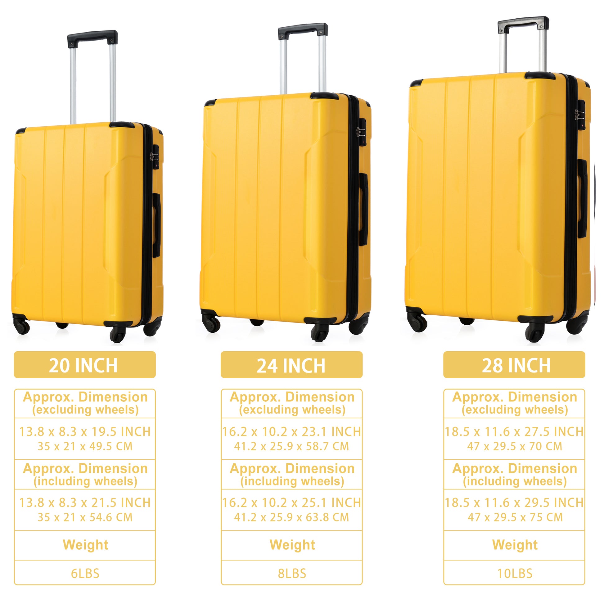 Luggage Sets 3 Piece, Expandable Hard Shell Abs Suitcases With Double Spinner, Travel Luggage Set With Tsa Lock 20 24 28Inch, Yellow Yellow Abs