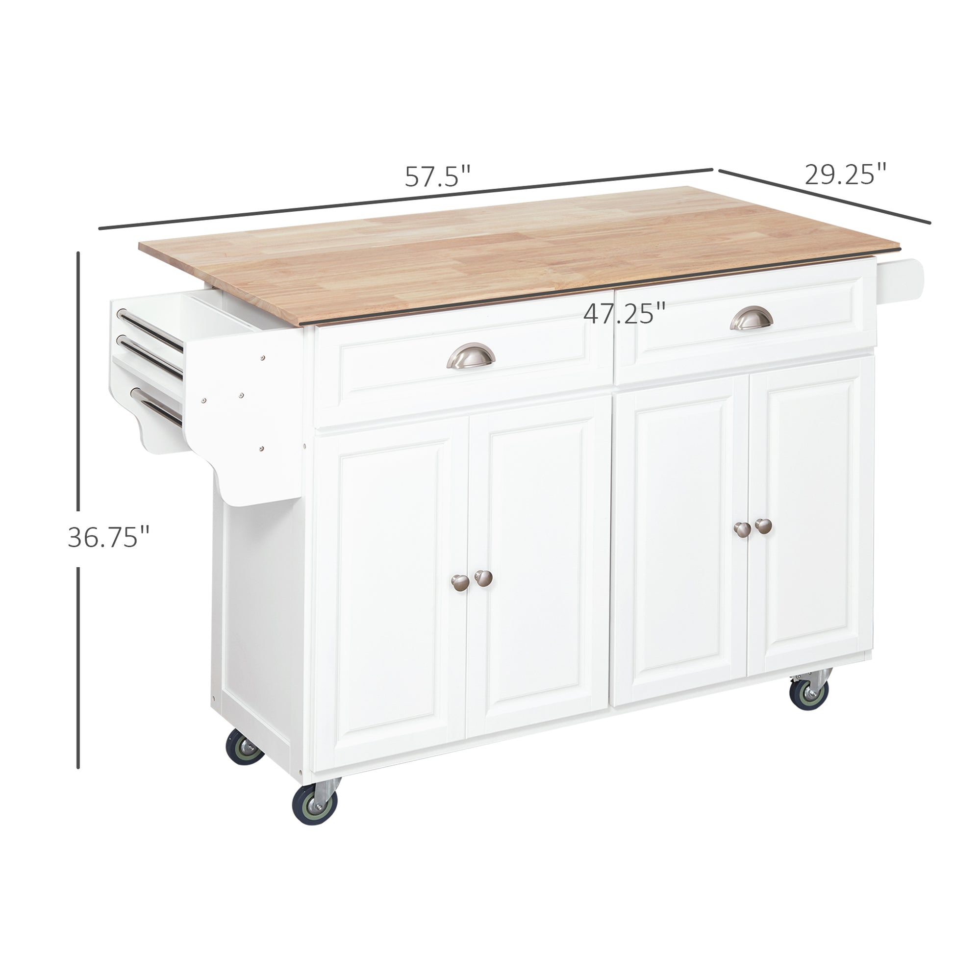 Homcom Rolling Kitchen Island On Wheels, Kitchen Cart With Solid Wood Drop Leaf Breakfast Bar, Storage Drawers, 4 Door Cabinets, Spice Rack, White White Rubber Wood