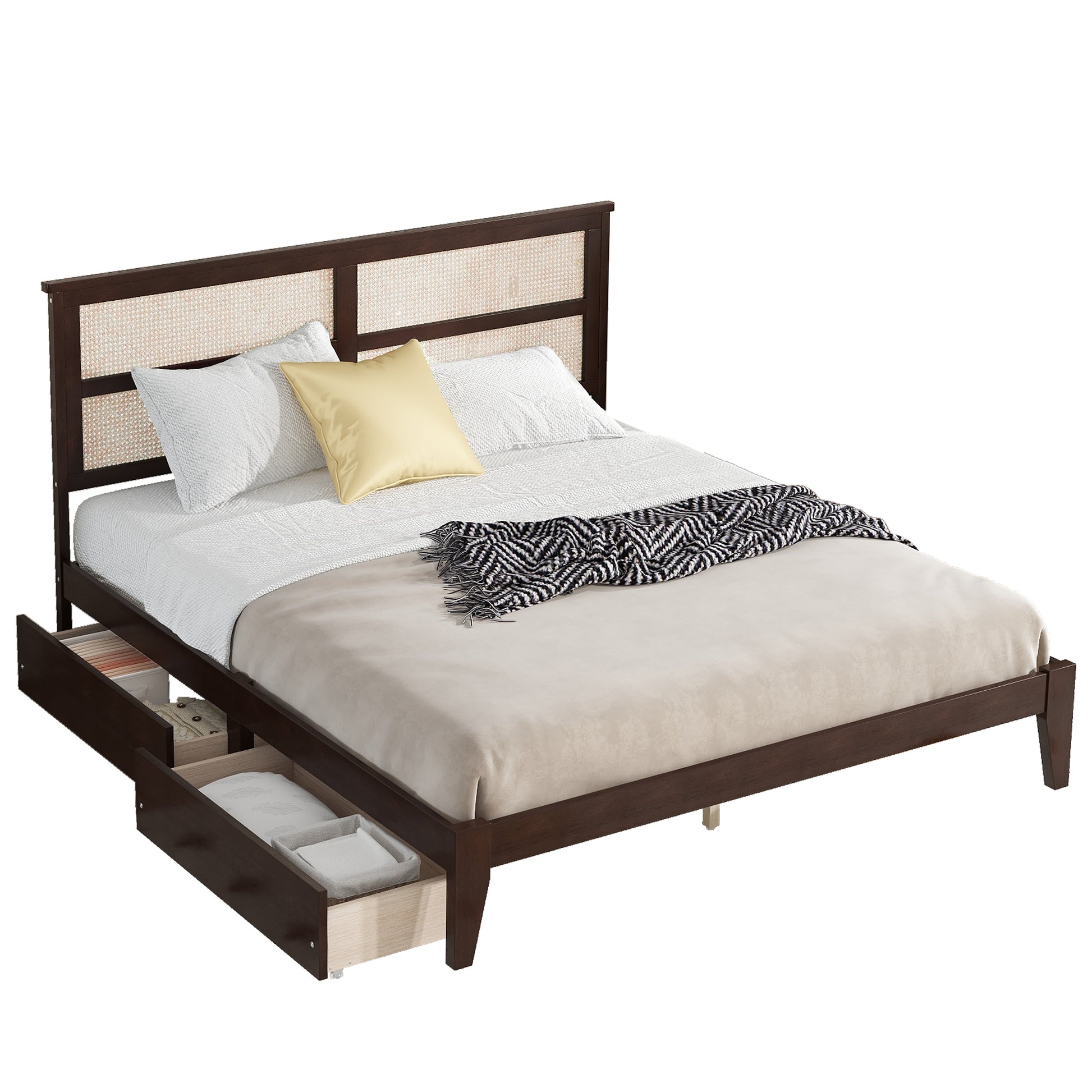 King Size Bed With Rattan Headboard, Two Storage Drawers, Rubber Wood Bed With Enhanced Support Salts And Feet,Espresso King Espresso Rubber Wood