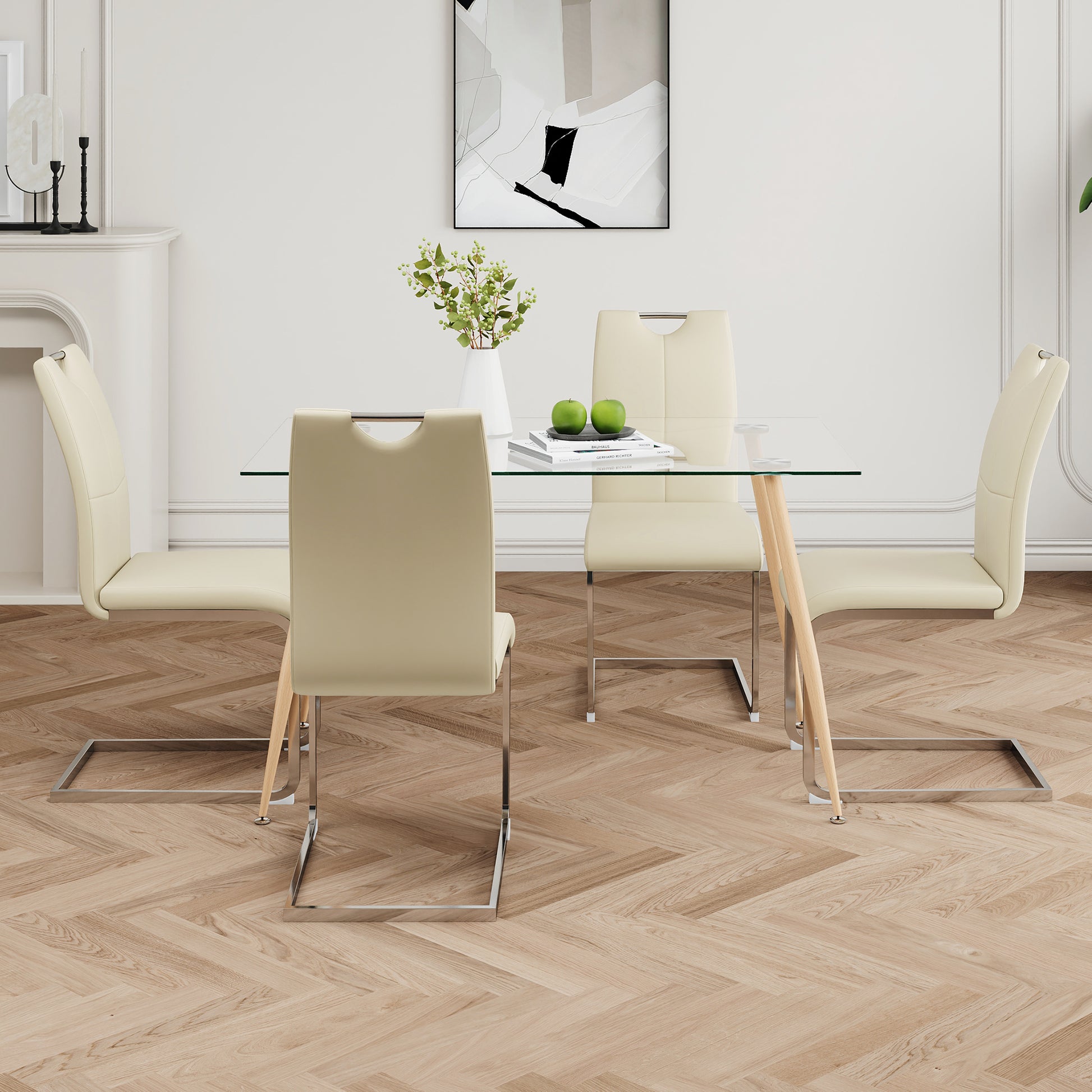 Modern Simple Rectangular Glass Dining Table, Solid Tempered Glass Countertop, Wood Transfer Metal Table Legs, Light Yellow Pu Dining Chair Set, Suitable For Restaurant Kitchen Use Set Of 5 Upholstered Chair Glass Light Yellow Seats 4 Metal Rectangular