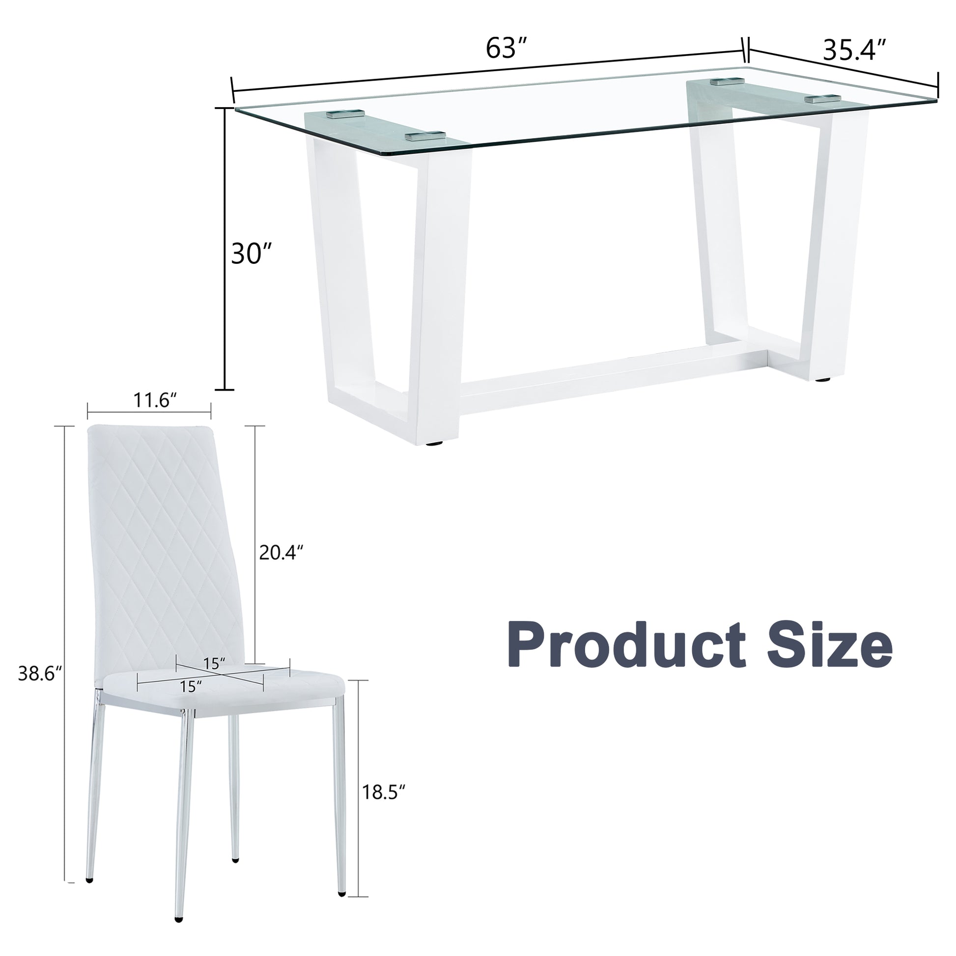 Table And Chair Set.A Rectangular Dining Table Features With Tempered Glass Top And Sleek White Mdf Stand.Paried With 4 Pu Chairs With Checkered Armless High Back And Electroplated Metal Legs. White Seats 4 Mdf Glass