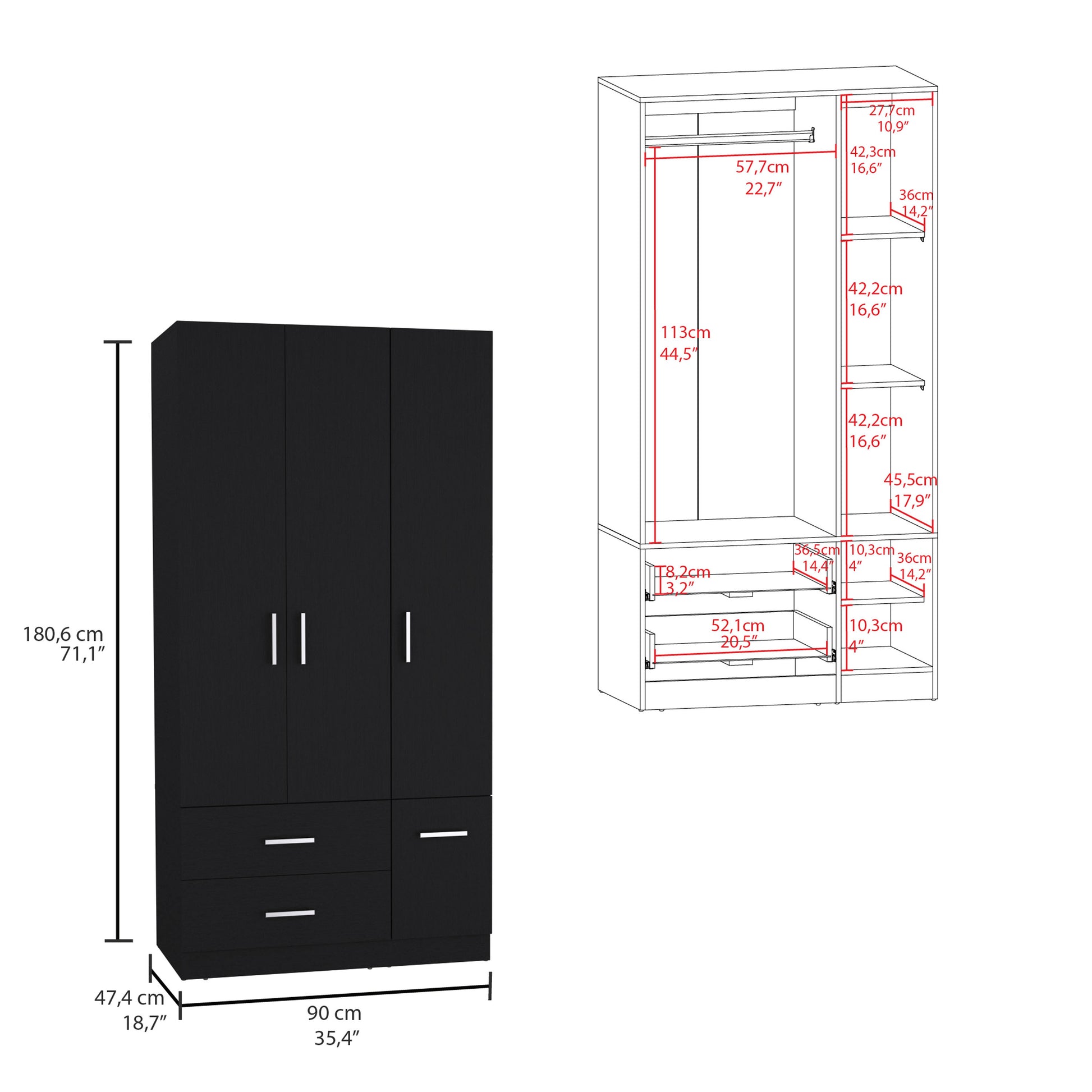 Sebree 71" High Armoire Wardrove Closet With 2 Drawers, Four Doorsthree Cabinetsix Shelves And Hanging Rod, Bedroom Clothes Storage Cabinet Organizer Black Bedroom Modern Particle Board