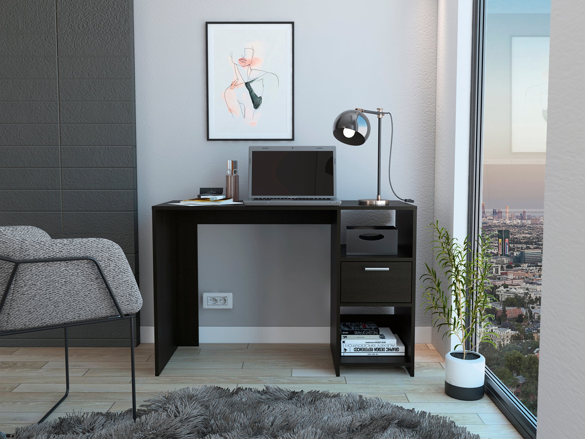 Omma Computer Desk, One Drawer, Two Shelves Black Computer Desk Office Modern Freestanding Rectangular Open Storage Desk Rectangular Particle Board Engineered Wood