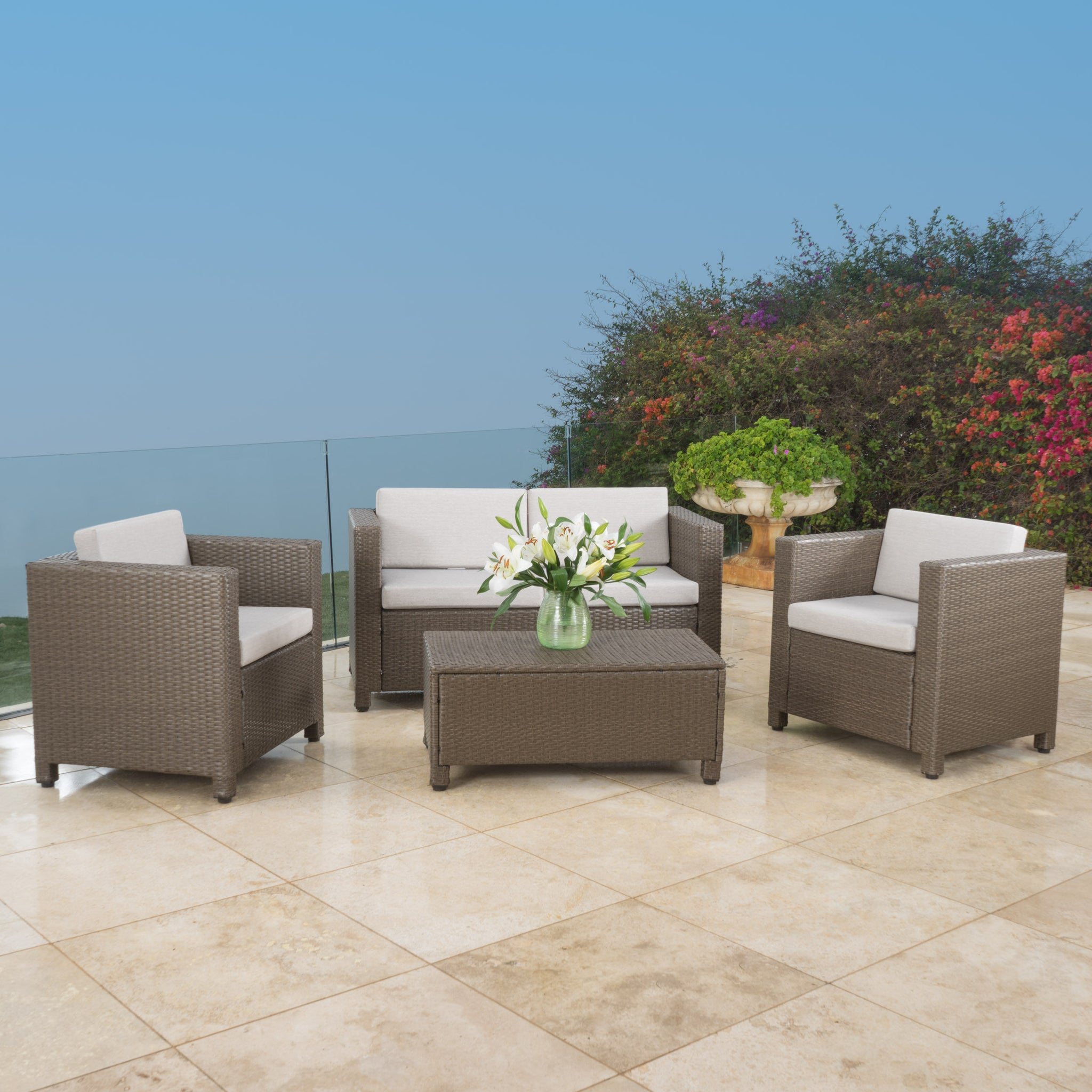 Puerta 4Pc Set Brown Rattan Waterproof Fabric