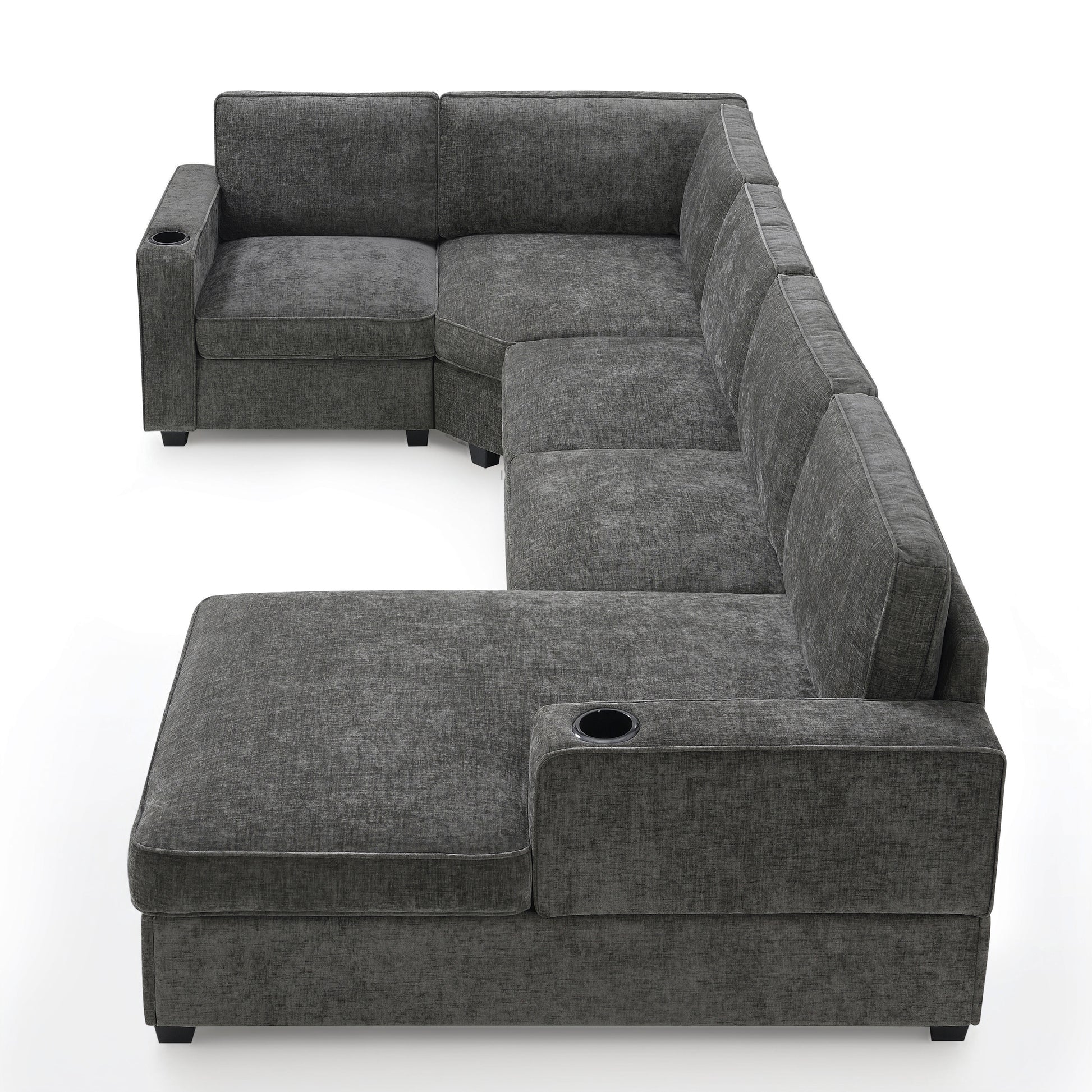 119*67" U Shaped Sectional Sofa,6 Seat Chenille Couch Set With Oversized Chaise Lounge,Irregular Corner,Deep Seat Comfy Sofa With Cup Holders For Living Room,Apartment,2 Colors Dark Gray Chenille 6