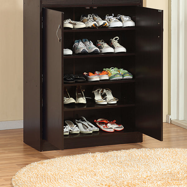 Shoe And Storage Cabinet Two Drawers, Two Doors, Five Shelves In Red Cocoa Dark Brown Mdf