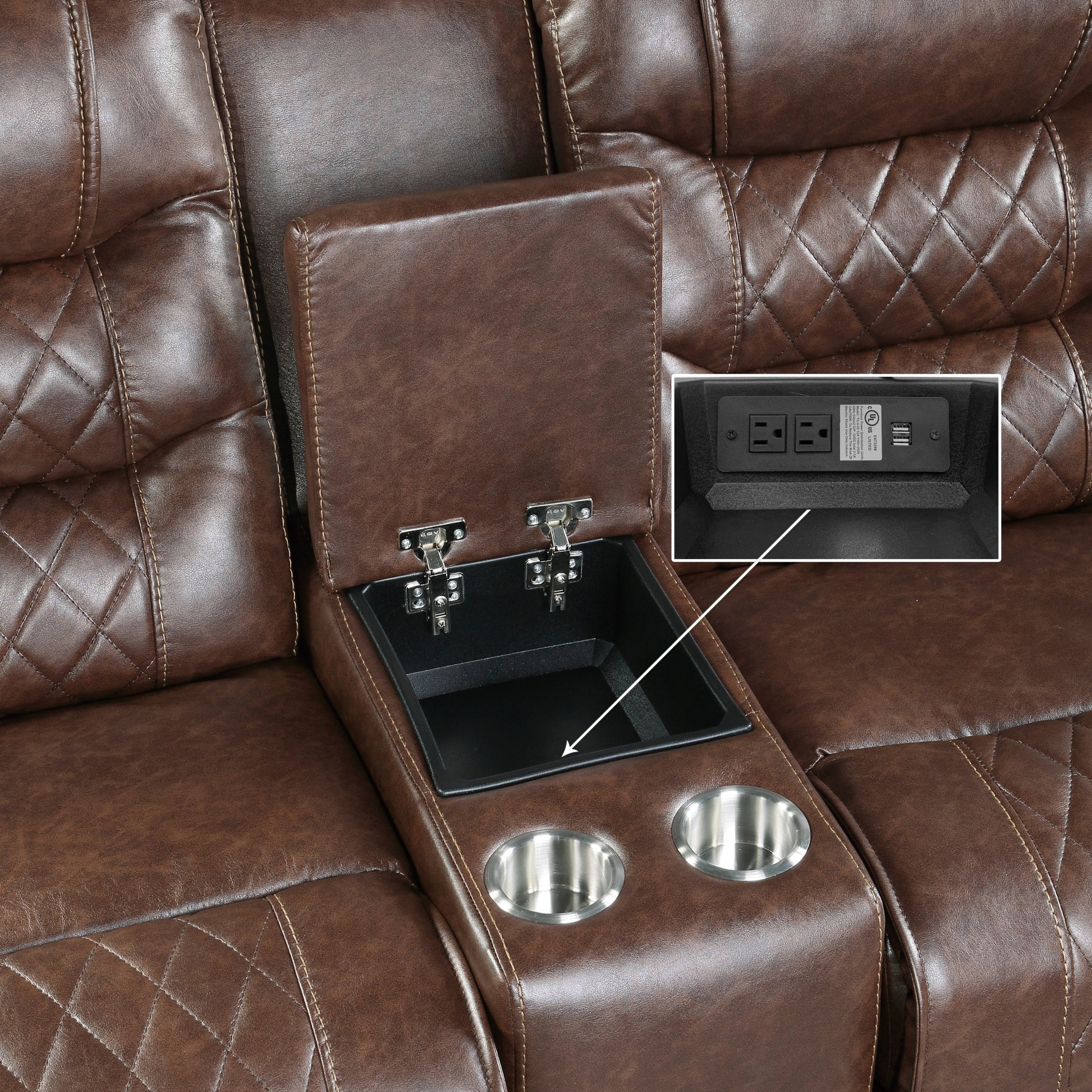 Luxurious Living Room Furniture 3Pc Reclining Sofa Set Brownfaux Leather Upholstery Sofa Loveseat Swivel Chair, Usb Ports, Power Outlets, Diamond Pattern Stitching Brown Faux Leather Wood Primary Living Space Luxury,Modern Solid Wood 6 Seat