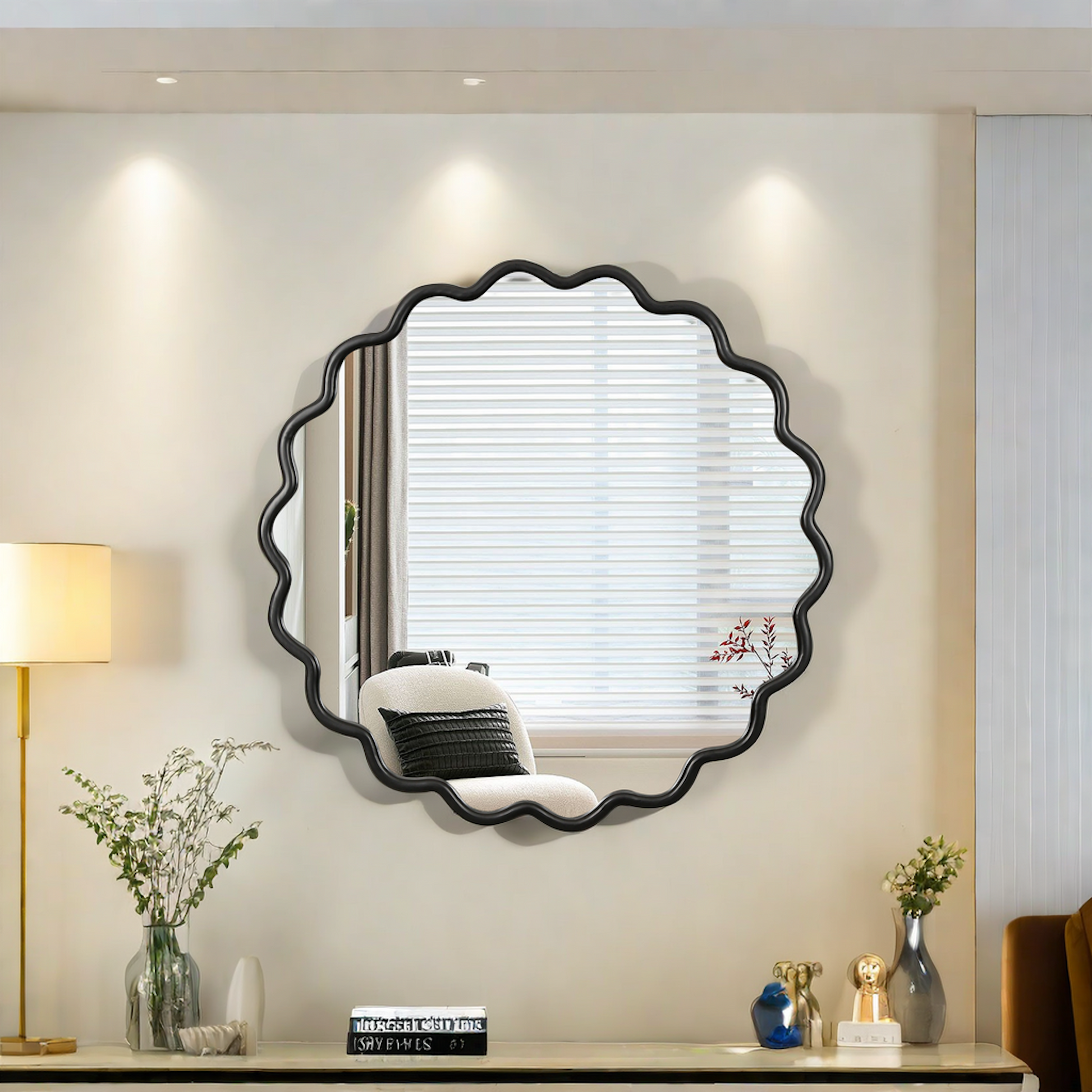 Solid Wood Wavy Mirror Black Vanity Mirror Wall Decor 42" X 42" Modern Mirror Wall Decor For Bathroom, Bedroom, Living Room, Dining Room, Cloakroom, Entryway Antique Black Glass Solid Wood