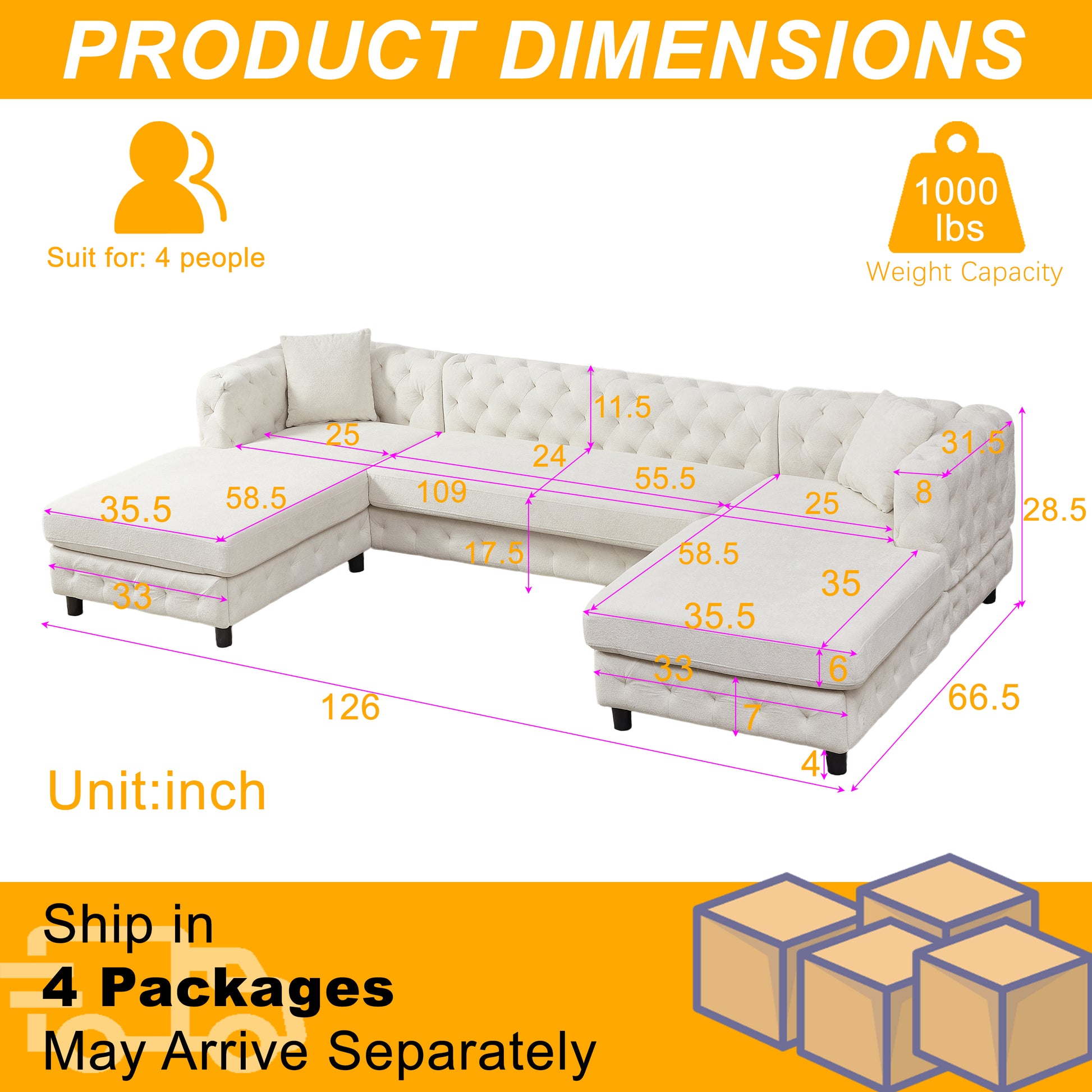 126 Inch Modern Style Chenille Three Piece Sofa, Pull Point Design U Shaped Sofa Two Chaise Longue Seats, Two Pillows And Plastic Feet, Suitable For Living Room, Bedroom, Lounge And Projection Room