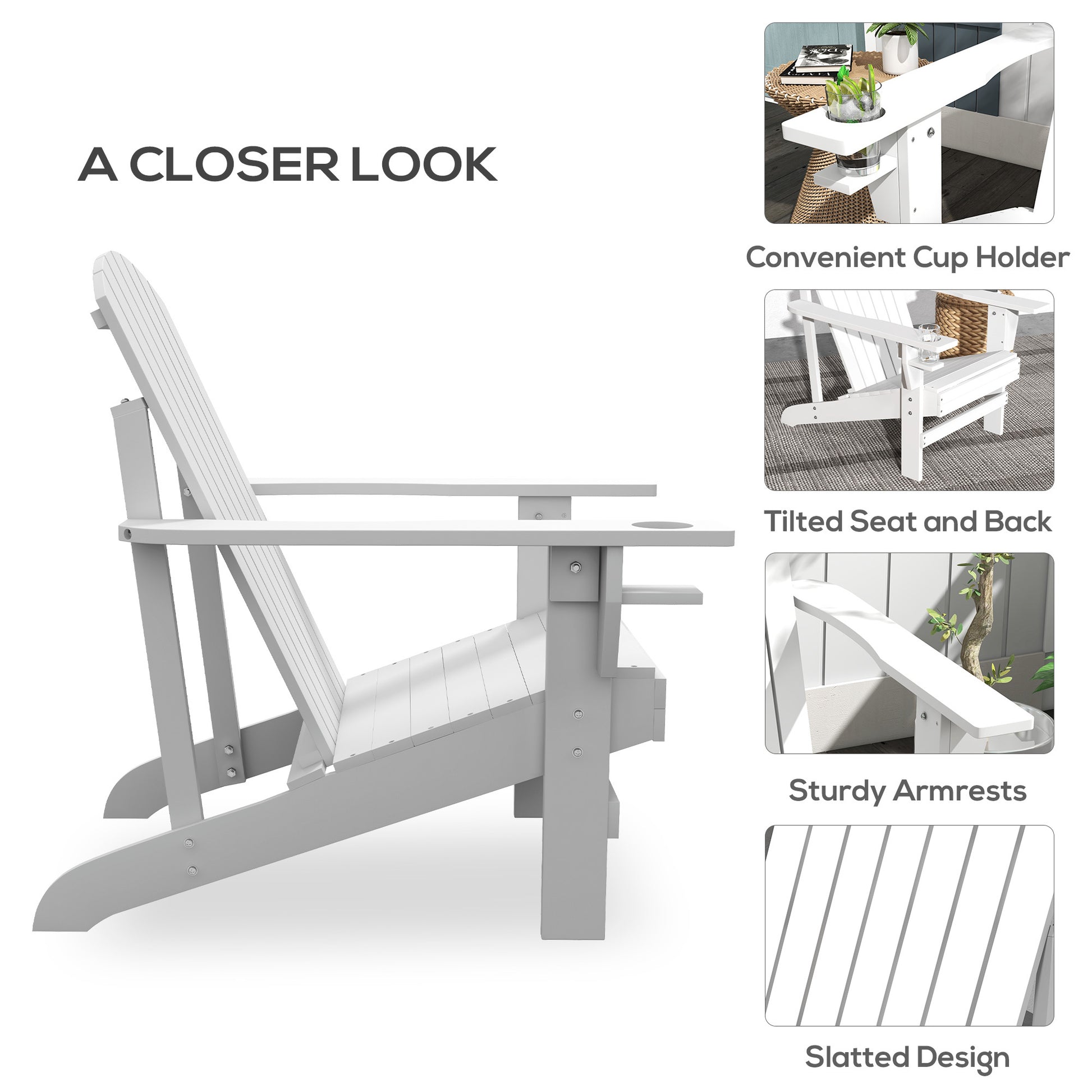 Outsunny Wooden Adirondack Chair, Outdoor Patio Lawn Chair With Cup Holder, Weather Resistant Lawn Furniture, Classic Lounge For Deck, Garden, Backyard, Fire Pit, White White Wood