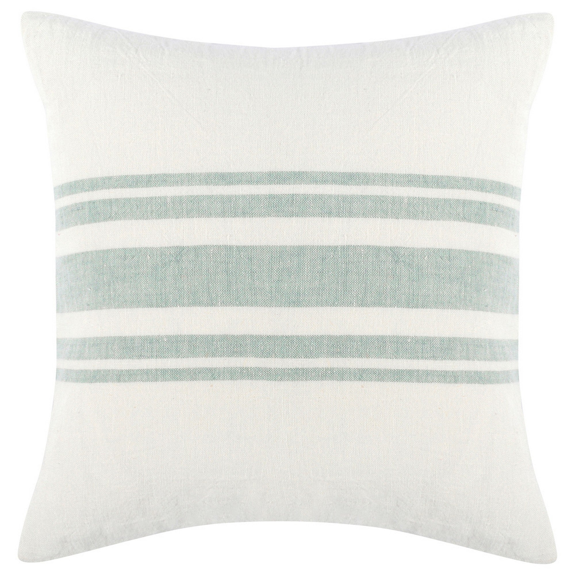 22 Inch Square Linen Accent Throw Pillow, Stripe Design, Eucalyptus, White White Green Wood