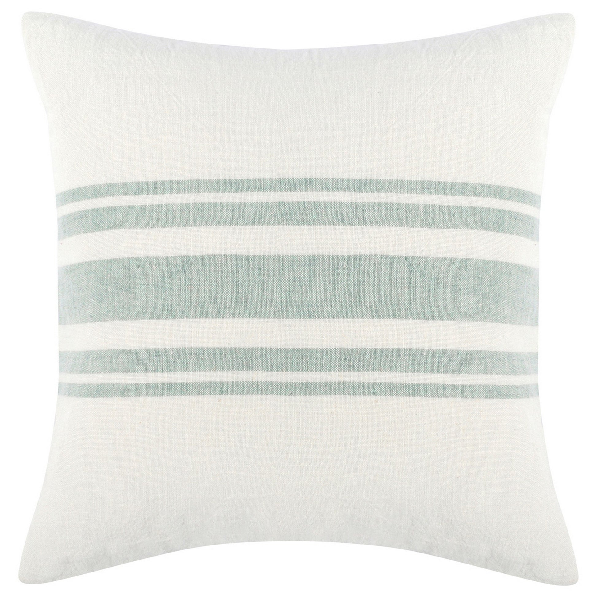 22 Inch Square Linen Accent Throw Pillow, Stripe Design, Eucalyptus, White White Green Wood