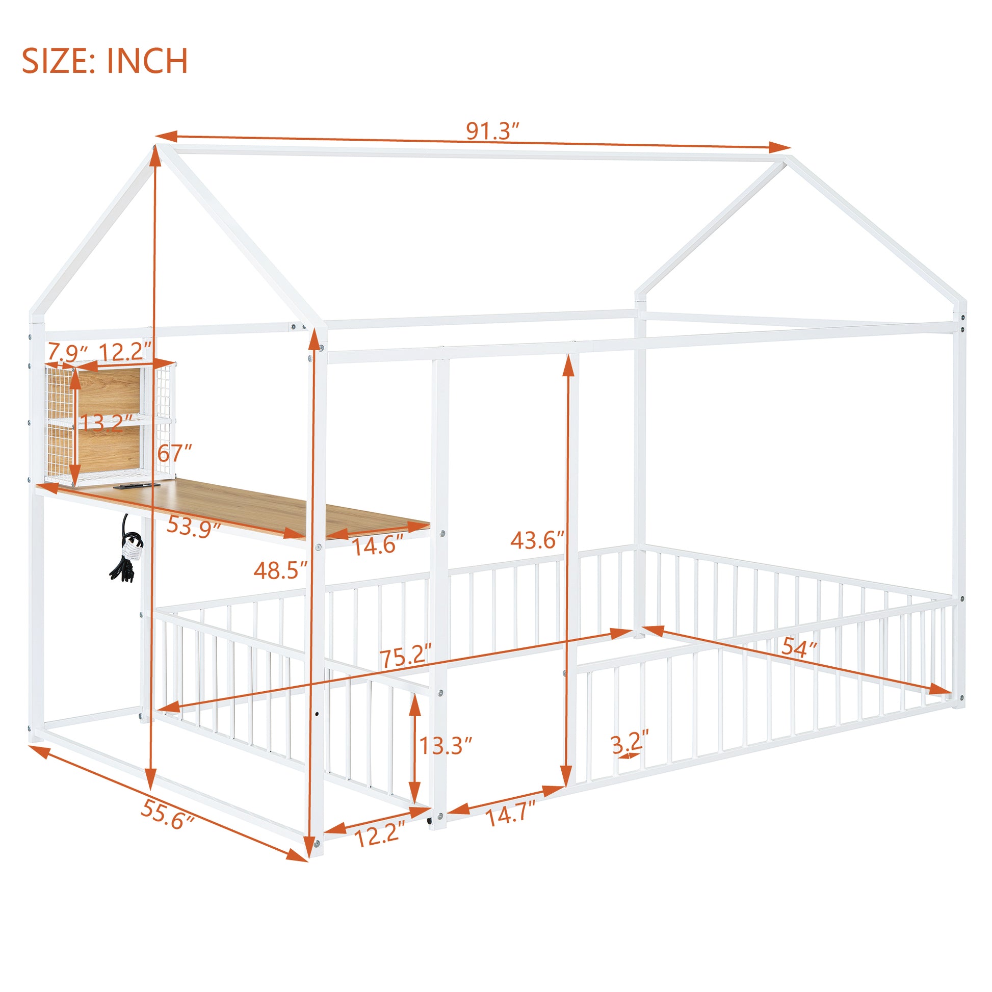 Full Size Metal Bed House Bed Frame With Desk, Shelves, Power Outlets And Usb Ports, White Full White Metal