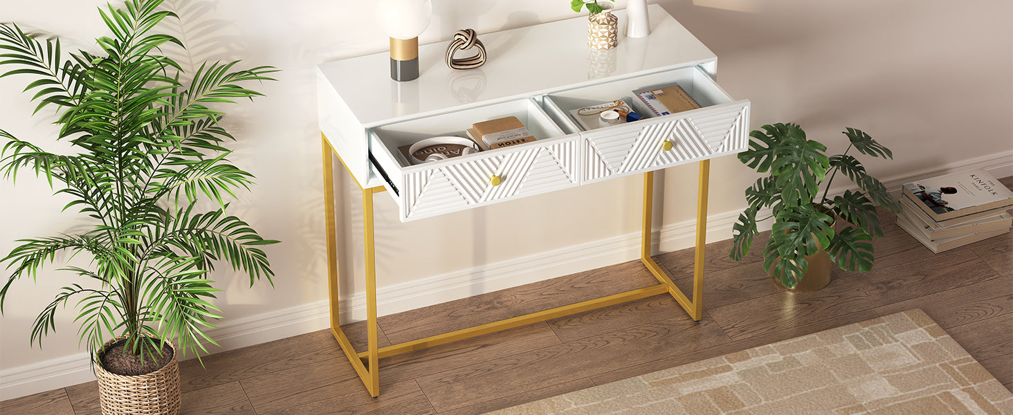 Modern Sleek Console Table Two Drawers With Stripe Design For Living Room And Entryway White White Mdf