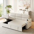 85 Inches Corduroy Sofa Bed, 3 Seater Sleeper Sofa With Storage Chaise, Square Handrail With Two Cup Holder And Usb Charge Port, Pull Out Couch For Living Room Beige Corduroy 3 Seat