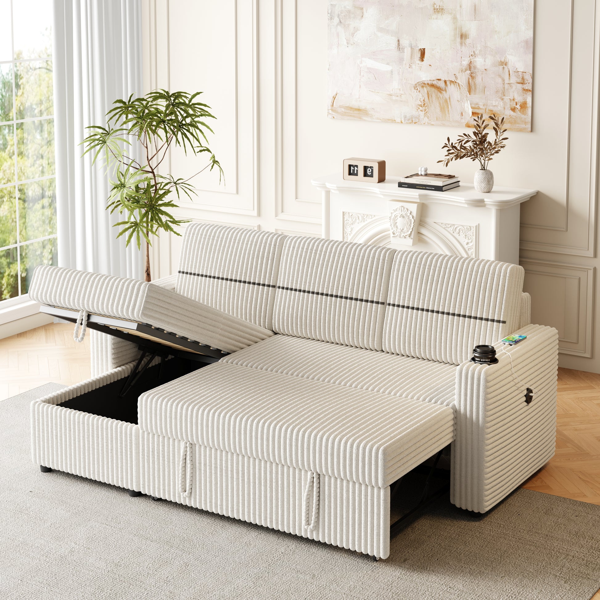 85 Inches Corduroy Sofa Bed, 3 Seater Sleeper Sofa With Storage Chaise, Square Handrail With Two Cup Holder And Usb Charge Port, Pull Out Couch For Living Room Beige Corduroy 3 Seat