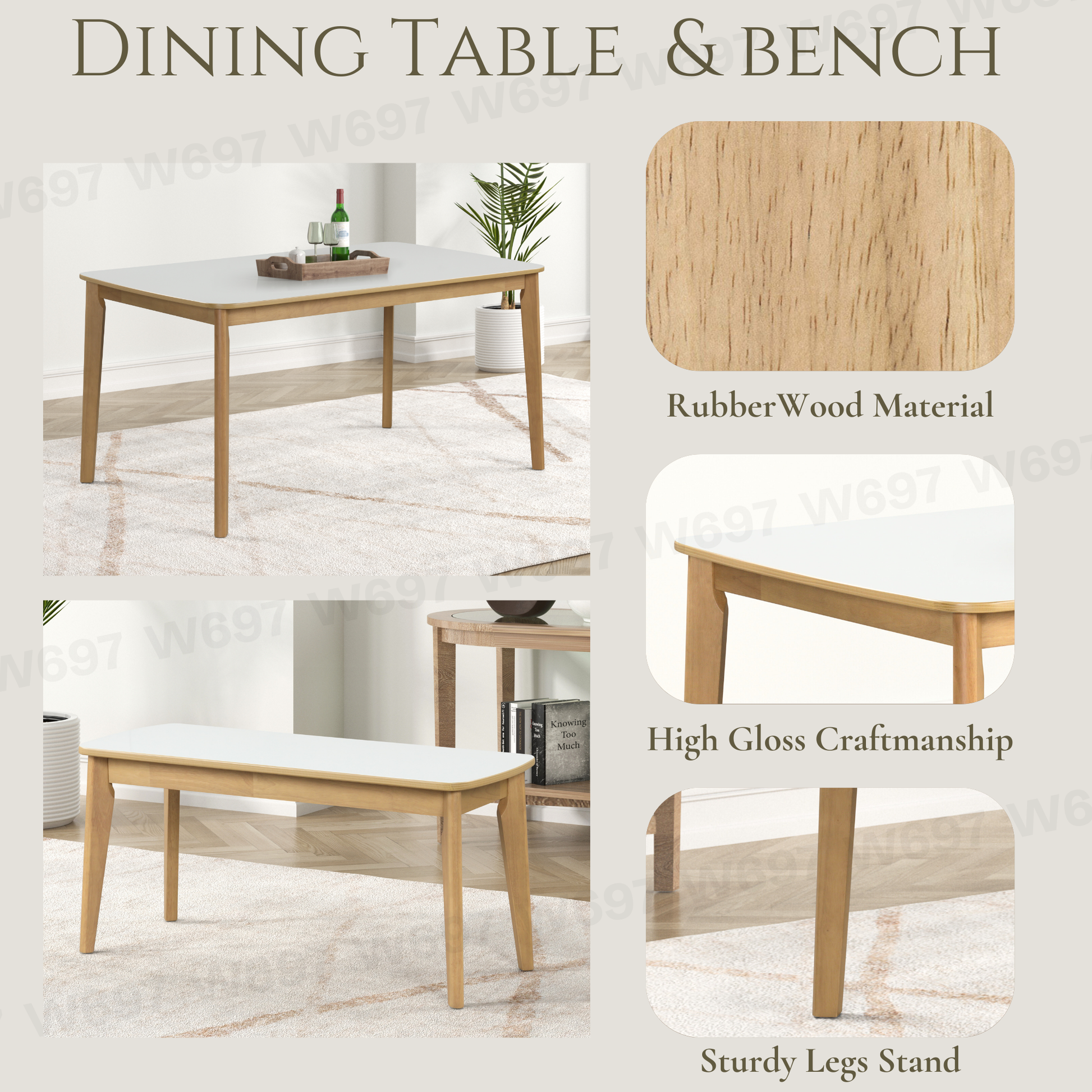 6 Piece Dining Table Set, One Table One Bench And Four Chairs, High Gloss White Tabletop With Light Oak Color Creamy White,White Light Oak Seats 6 Dining Room 60 Inches Rubberwood 4 Leg Rectangular Dining Table With Chair And Bench Mdf,Pu,Pvc,Rubber Wood