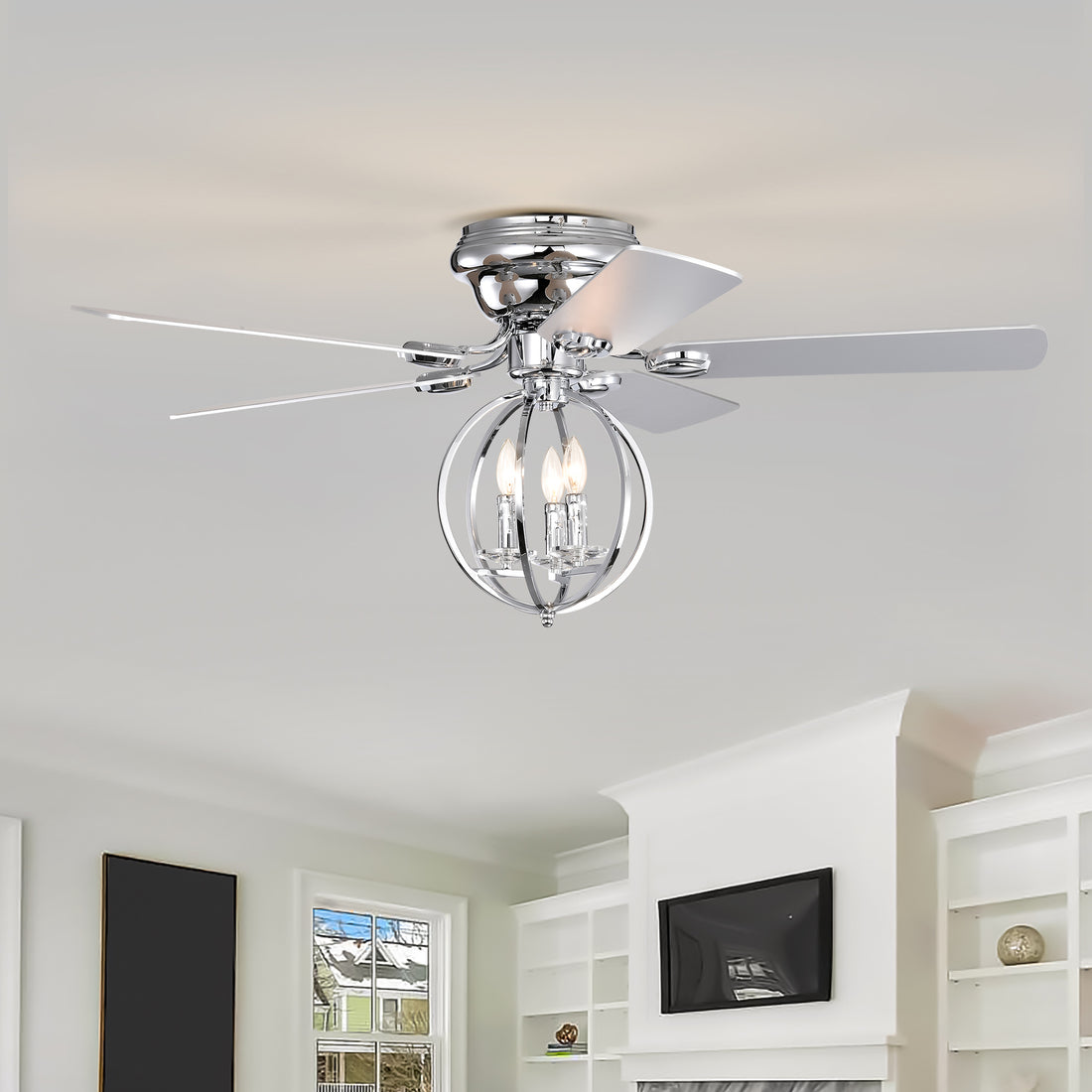 5 Blade 52 Inch Chrome Ceiling Fan With 3 Light No Include Bulb Chandelier Remote Controlled Chrome American Design,American Traditional,Farmhouse,Rustic,Vintage Plywood Iron