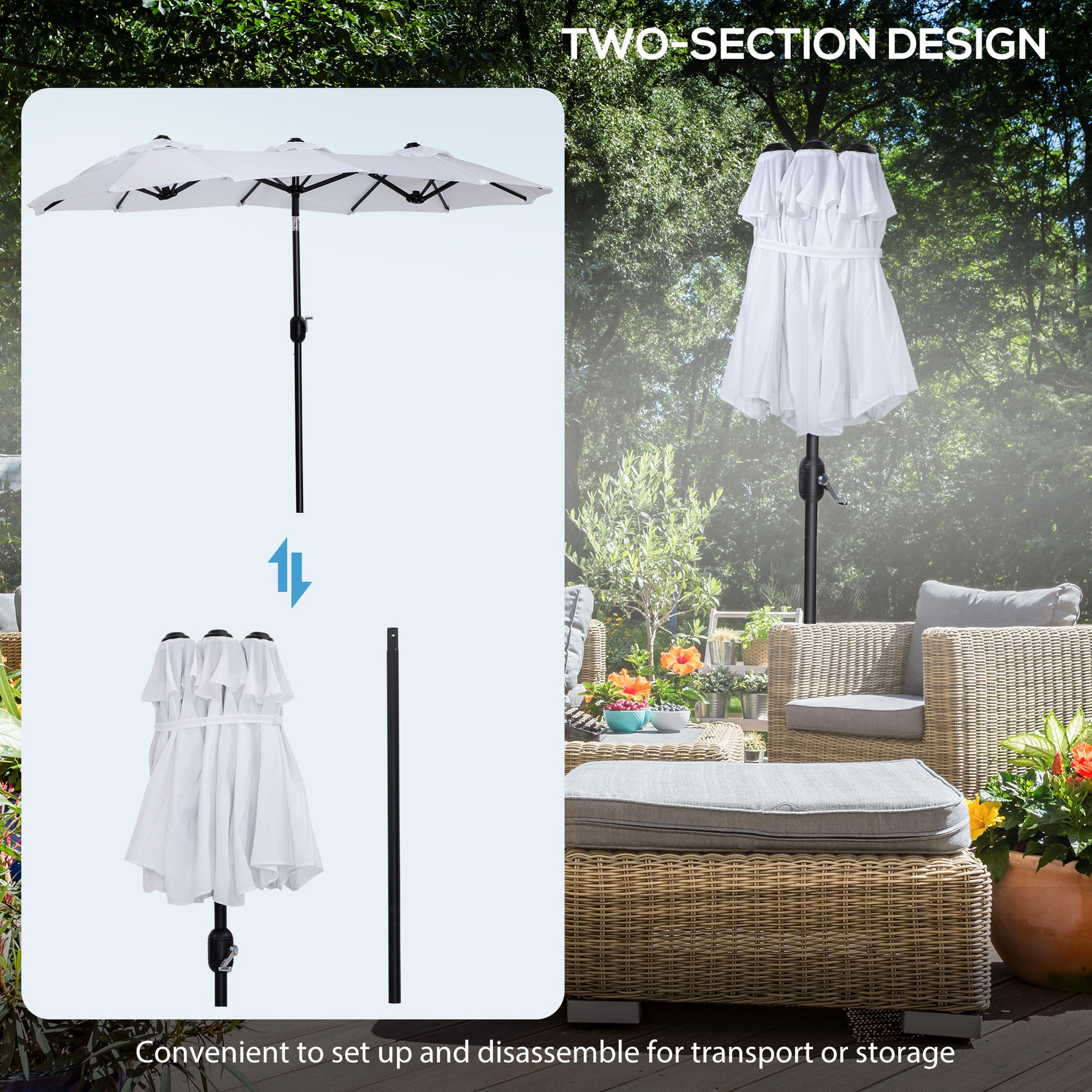 Outsunny Double Sided Patio Umbrella 9.5' Large Outdoor Market Umbrella With Push Button Tilt And Crank, 3 Air Vents And 12 Ribs, For Garden, Deck, Pool, White Cream Polyester