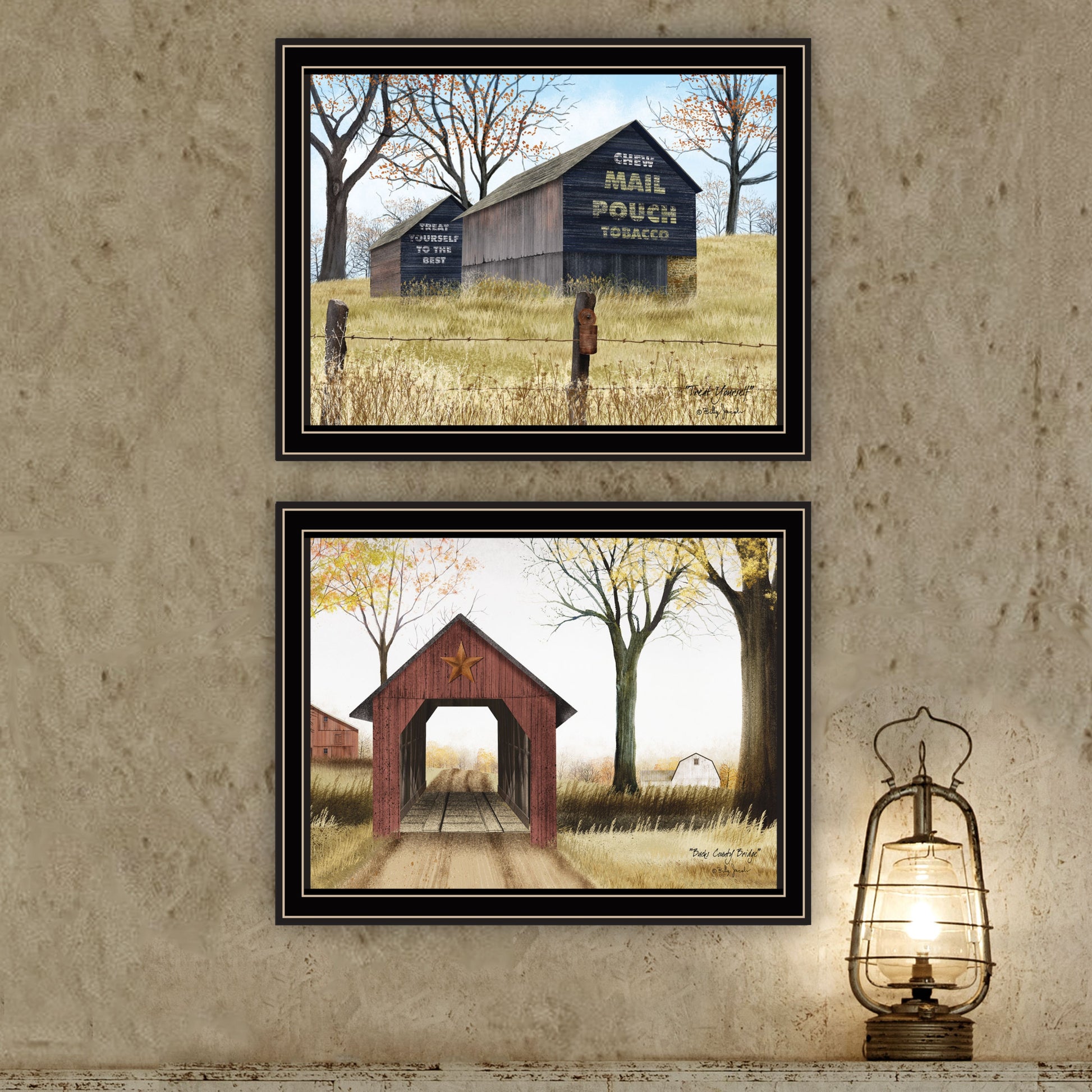 2 Piece Vignette Mail Pouch Barn & Buck County Bridge Black Framed Wall Art For Living Room, Bedroom Wall Art Print For Home Decor By Billy Jacobs Multicolor Wood Paper
