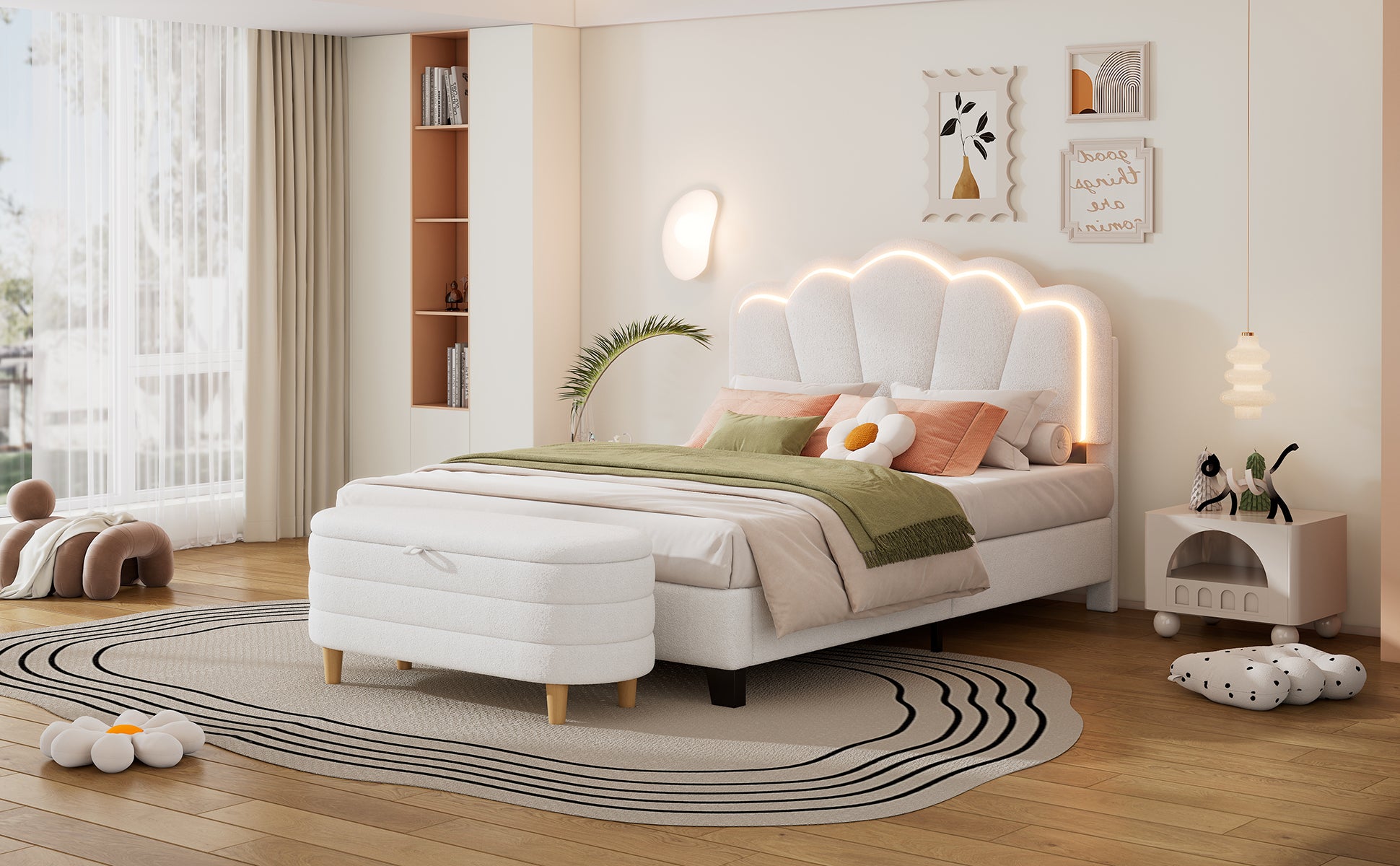 2 Pieces Bedroom Sets Full Size Flower Shaped Upholstered Led Platform Bed With Storage Ottoman Sherpa Fabric, White Full White 2 Piece Set Wood