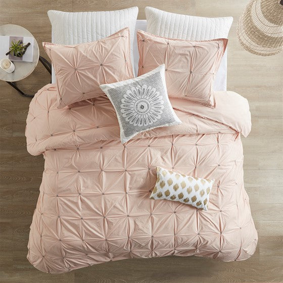 3 Piece Elastic Embroidered Cotton Duvet Cover Set King Pink Cotton