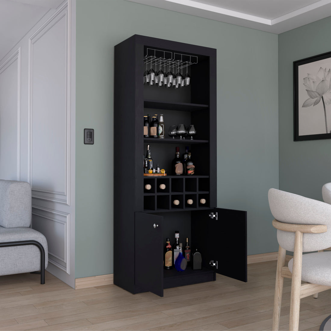 Nero 74 Inch Tall Bar Cabinet 4 Tier Modern Bar Cabinet With Glass Holder Stemware Rack, Wine Cabinet, Liquor Cabinet, 10 Bottle Cubbies And 4 Shelves. Black Primary Living Space Modern Particle Board Shelves Included Engineered Wood