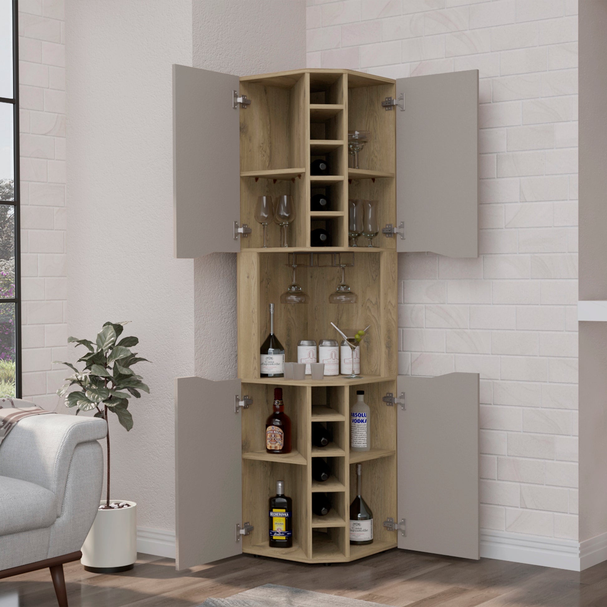 Obregon Corner Bar Cabinet, Ten Built In Wine Rack, Single Door Macadamia Taupe Taupe Natural Kitchen Modern Particle Board