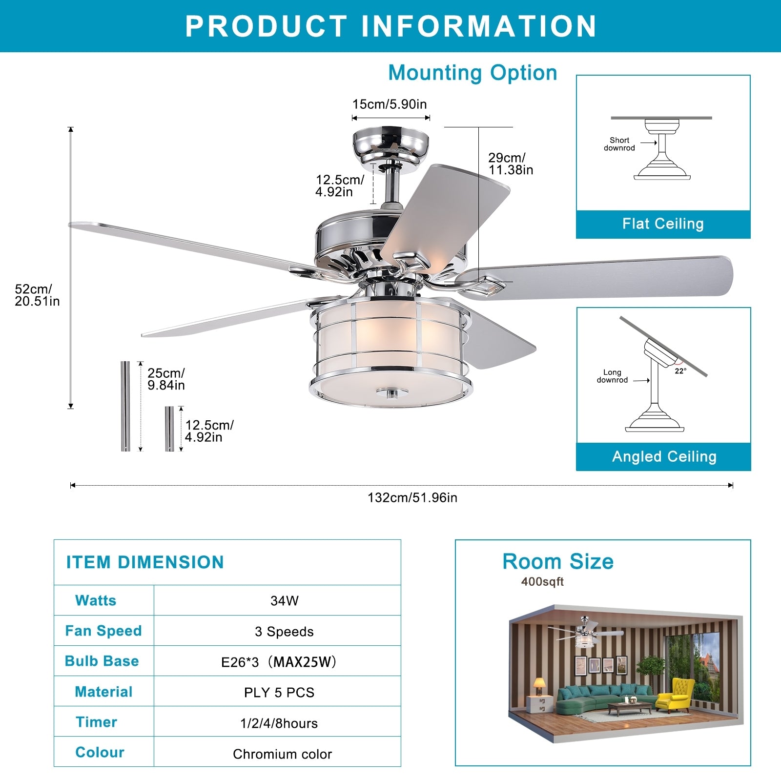 52" 3 Light Chrome Drum Shade Led Ceiling Fan Remote, Traditional Farmhouse Rustic Industrial Bohemian Country Cottage Transitional Glam For Home, Kitchen, Living Room Chrome American Design,American Traditional,Classic,Contemporary,Farmhouse Metal