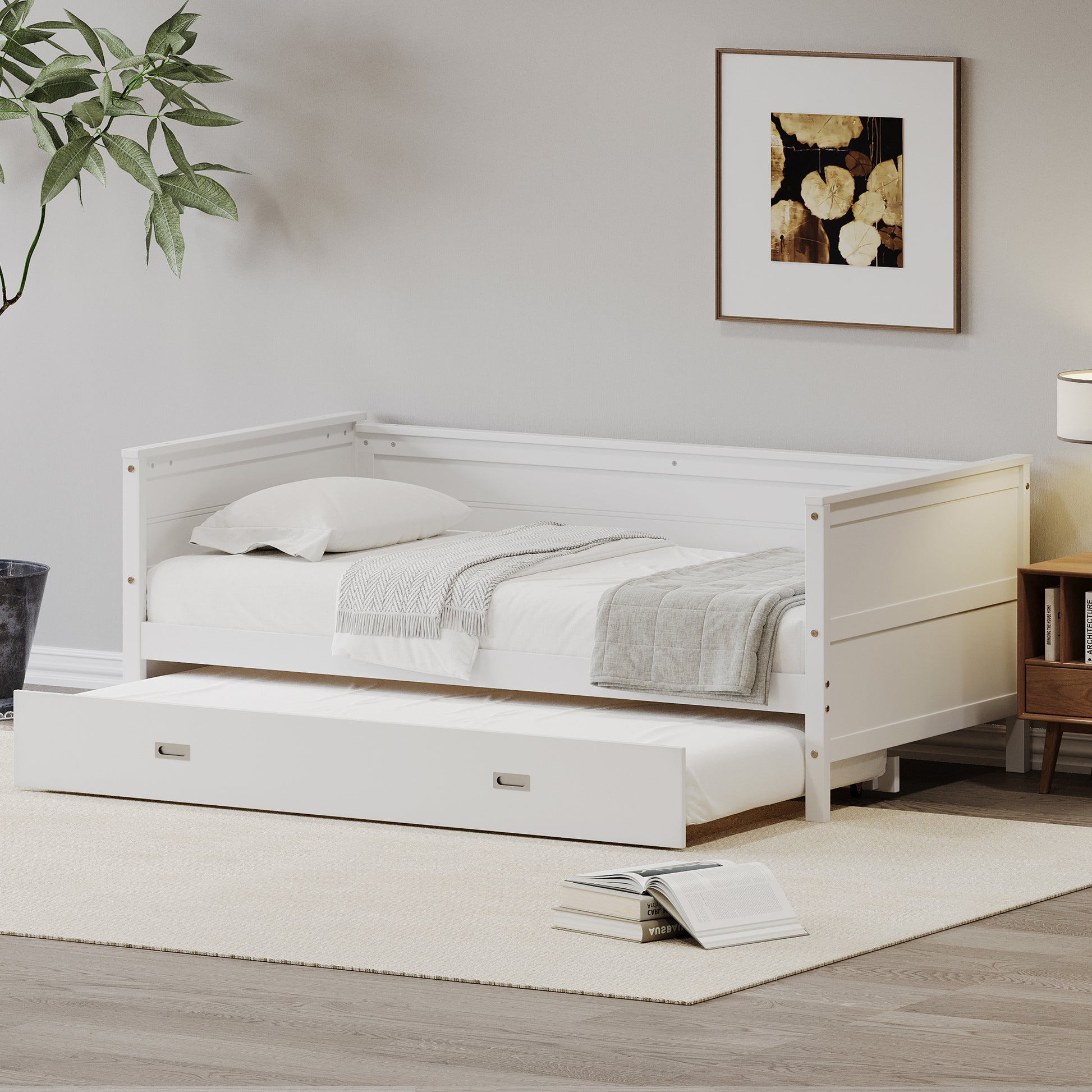 Twin Size Solid Wood Daybed With Trundle For Kids Teens Dorm Bedroom Multipurpose Guest Room Or Home, White Box Spring Not Required Twin White Wood Bedroom Pine Wood