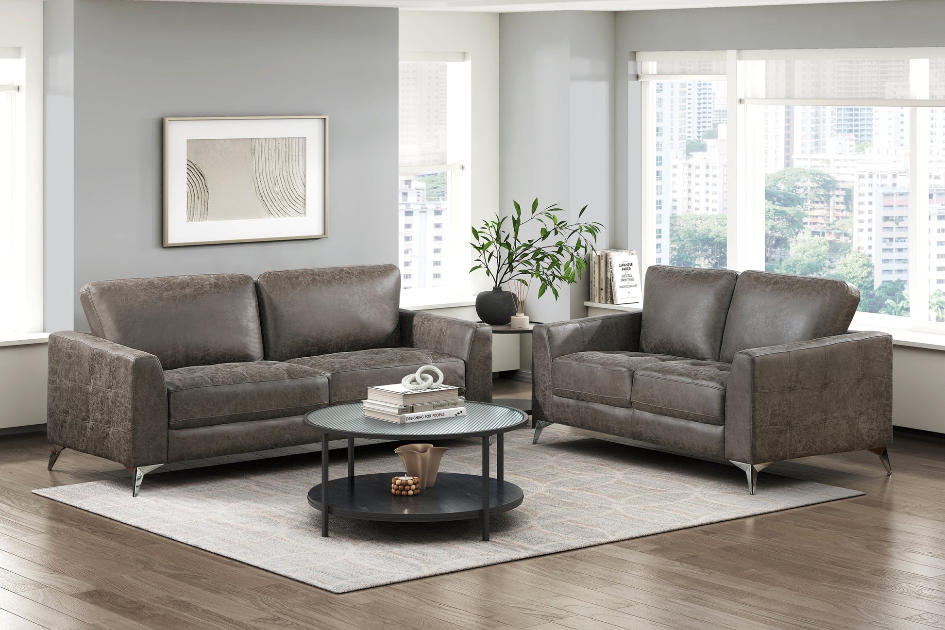 Elegant Modern Style 2Pc Sofa Set Brownish Gray Polished Microfiber Upholstery Sofa Loveseat Set Solid Wood Living Room Furniture Silver Finish Metal Legs Brown Microfiber Wood Primary Living Space Modern Solid Wood 5 Seat