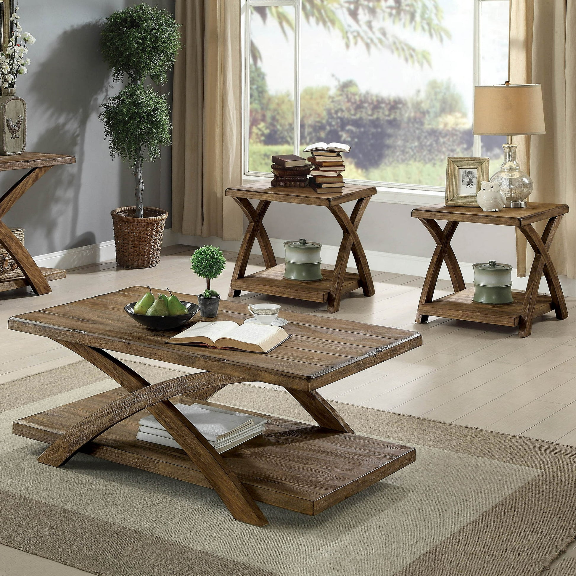 Transitional 3Pc Table Set Occasional Tables Living Room 1X Coffee Table And 2X End Tables Plank Style Top Antique Light Oak Light Oak Primary Living Space Antique,Contemporary,Modern,Rustic,Transitional Rubberwood Open Storage Rectangular Coffee & End