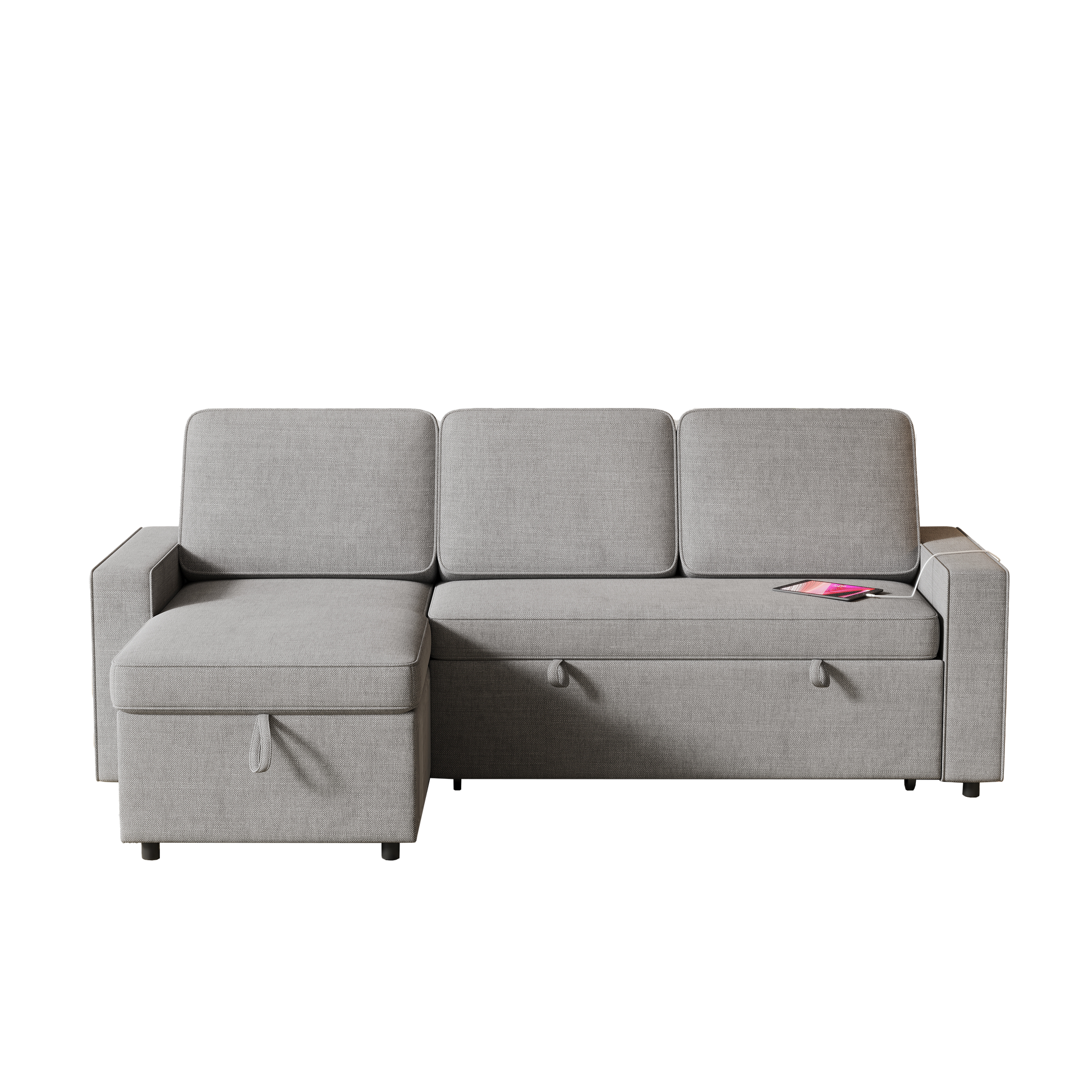 85.8" Pull Out Sleeper Sofa L Shaped Couch Convertible Sofa Bed With Storage Chaise And Storage Racks,With Usb Port And T Pyce Port Dark Grey Fabric 3 Seat