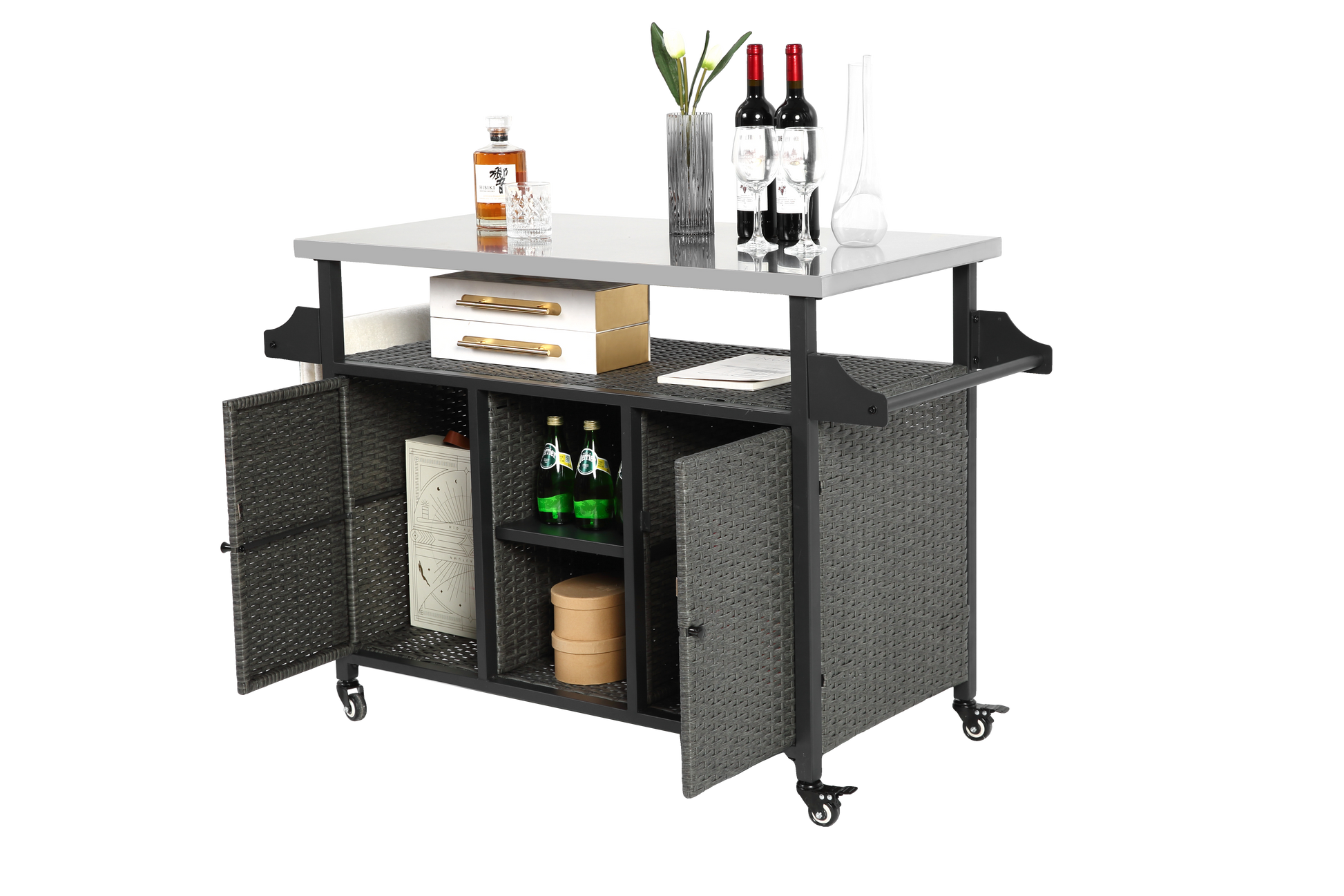 Large Bar Cart,Outdoor Kitchen Wicker Island Rolling Cart & Storage Cabinet, Wheels And Stainless Steel Extended Table Top, Side Handle For Patio Kitchen Or Bar Cart, Grey No Grey Garden & Outdoor