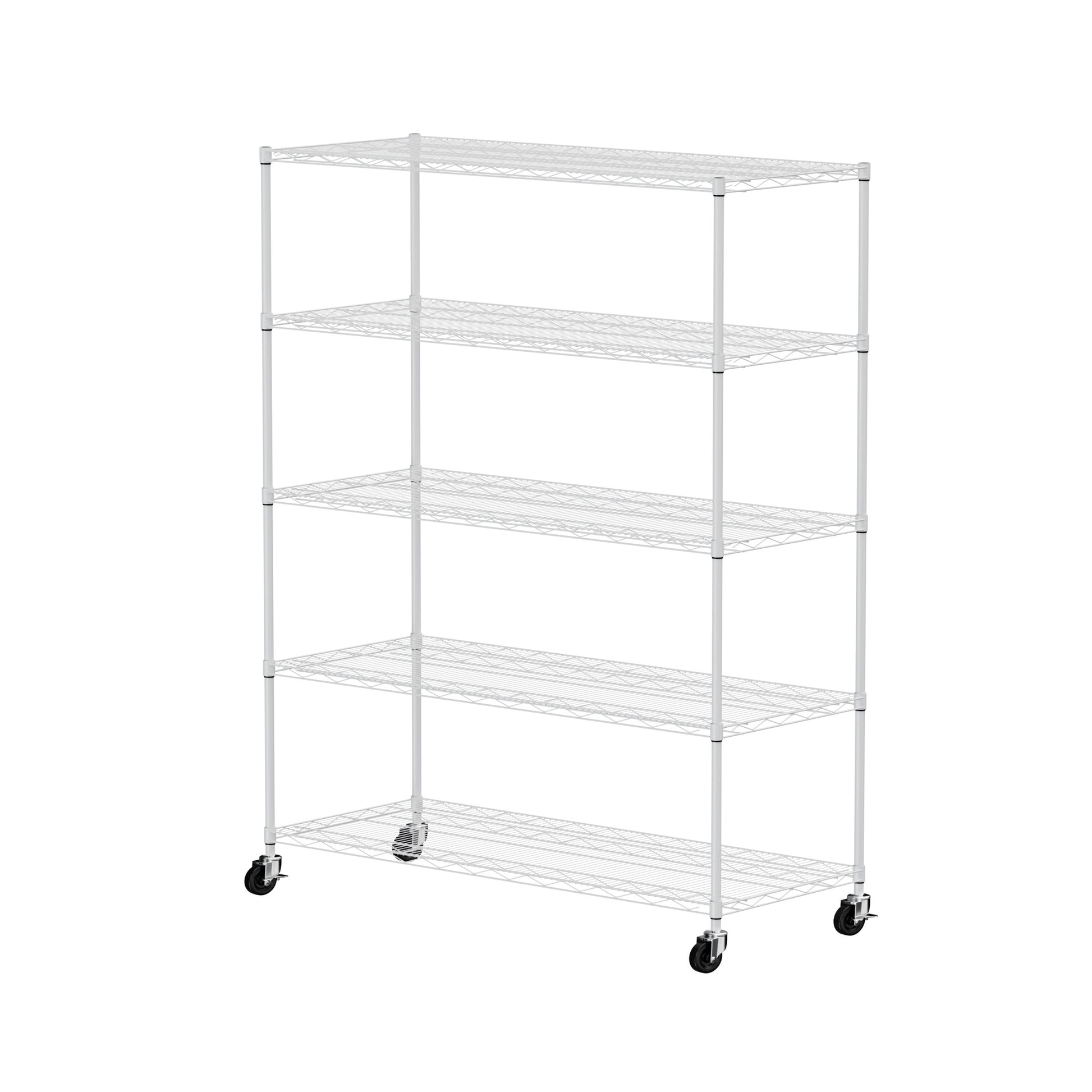 Warehouse, Supermarket, Kitchen, And Other 5 Layer Heavy Duty Adjustable Shelves With Wheels And Adjustable Feet, Each Metal Frame Bearing 300 Pounds. 59.45 "L 24.02 "W 71.65 "H,White White Steel