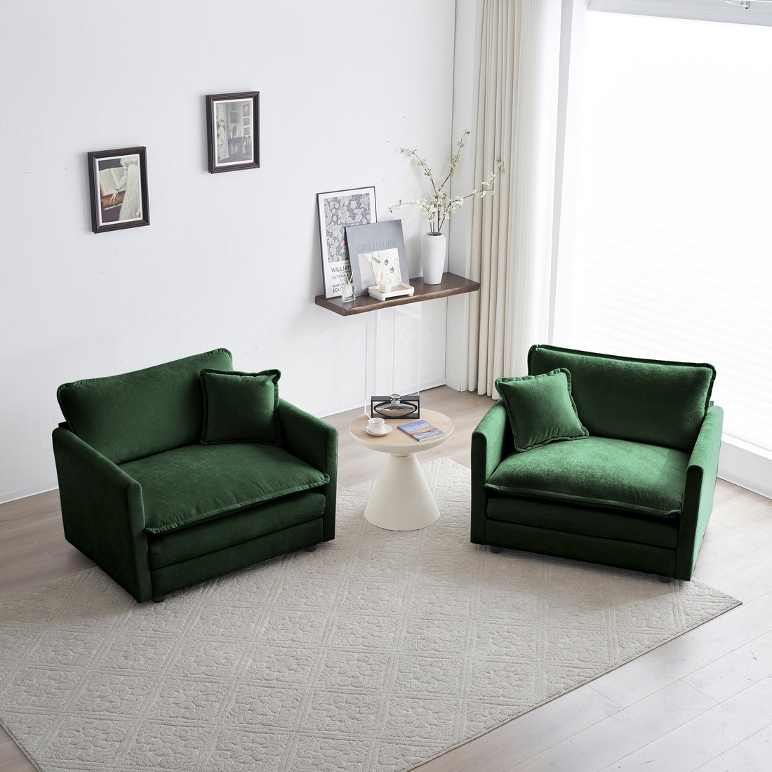 Accent Chair Set Of 2, High End Chenille Upholstered Armchairs, Living Room Side Chairs With Toss Pillow, Green Chenille Green Chenille 2 Seat