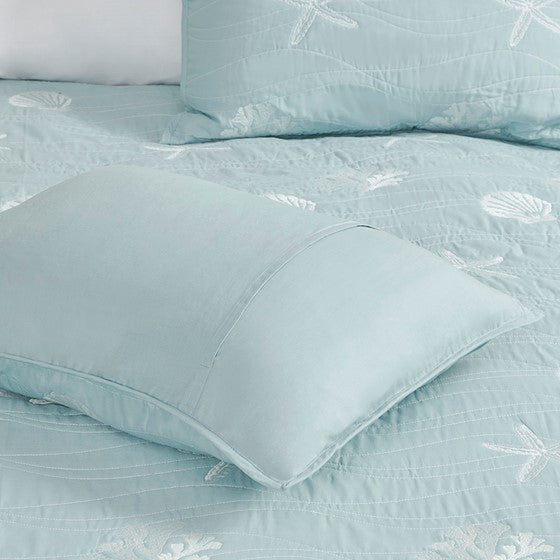 4 Piece Cotton Reversible Embroidered Quilt Set With Throw Pillow Aqua Full Queen Full Aqua Cotton