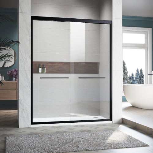 Sliding Shower Glass Door 56 60 In. W X 72 In. H, Adjustable Semi Frameless Shower Door, Certified Thick Clear Clear Tempered Glass, 304 Stainless Steel Handles, Grey Metallic Grey Aluminum