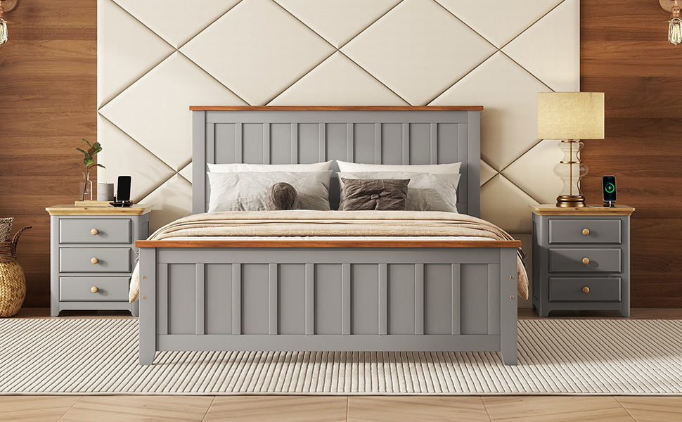 Full Size Wood Platform Bed Wooden Slat Support, Vintage Simple Bed Frame With Rectangular Headboard And Footboard, Grey Box Spring Not Required Full Grey Wood