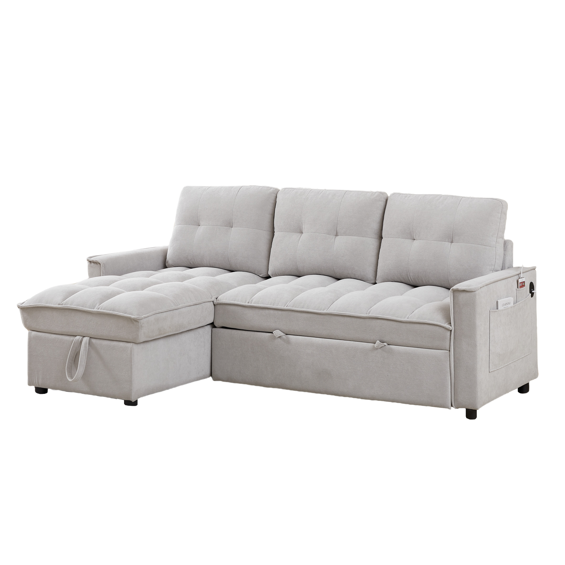 Mh 78.75" Reclining Sofa, Pull Out Sofa Bed With Usb And Tape C Charging Ports, L Shaped Sectional Sofa With Reclining Storage And Arm Side Organizer Pocket Features, Living Room Comfort Sofa Light Grey Chenille Wood Primary Living Space Eucalyptus Foam