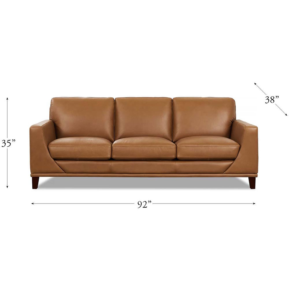 Soma Leather Sofa Cognac Genuine Leather Wood Primary Living Space Medium Firm Cushion Back Mid Century Modern Eucalyptus Square Arms Down Filling Genuine Leather 3 Seat