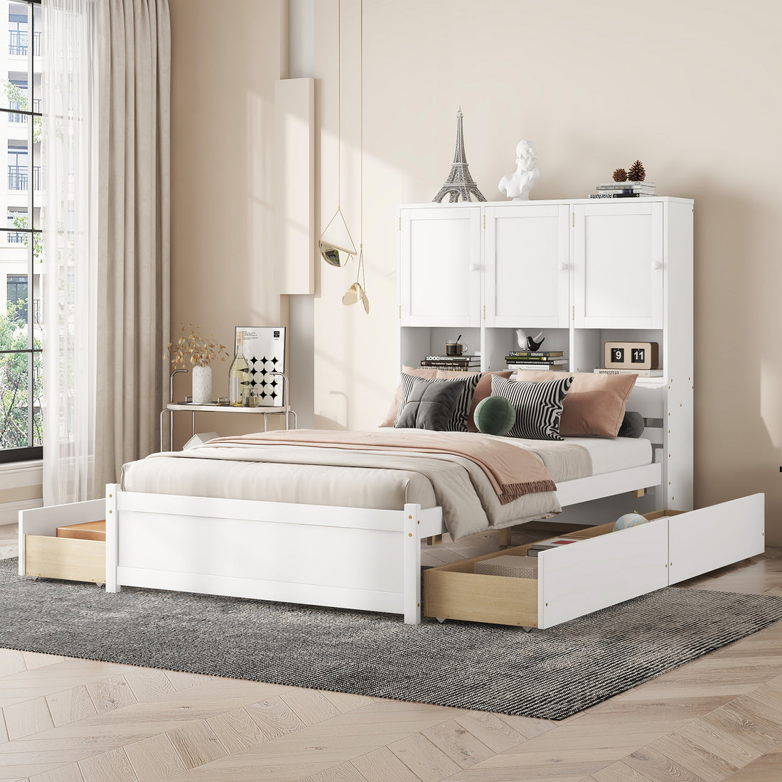 Full Size Platform Bed With Storage Headboard And 4 Drawers, White Box Spring Not Required Full White Wood Bedroom Bed Frame Solid Wood Mdf