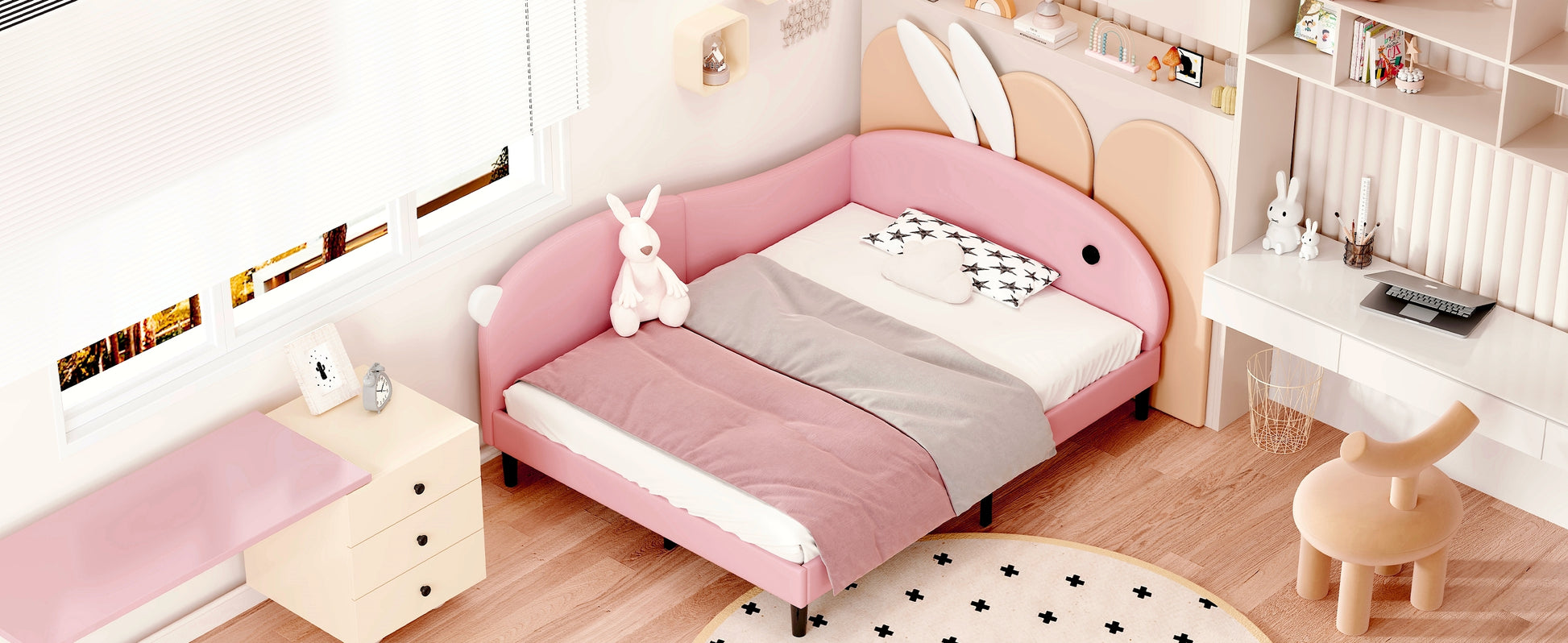 Full Size Upholstered Rabbit Shape Daybed, Sofabed With Rabbit Ear Headboard, Pink Full Pink Pu