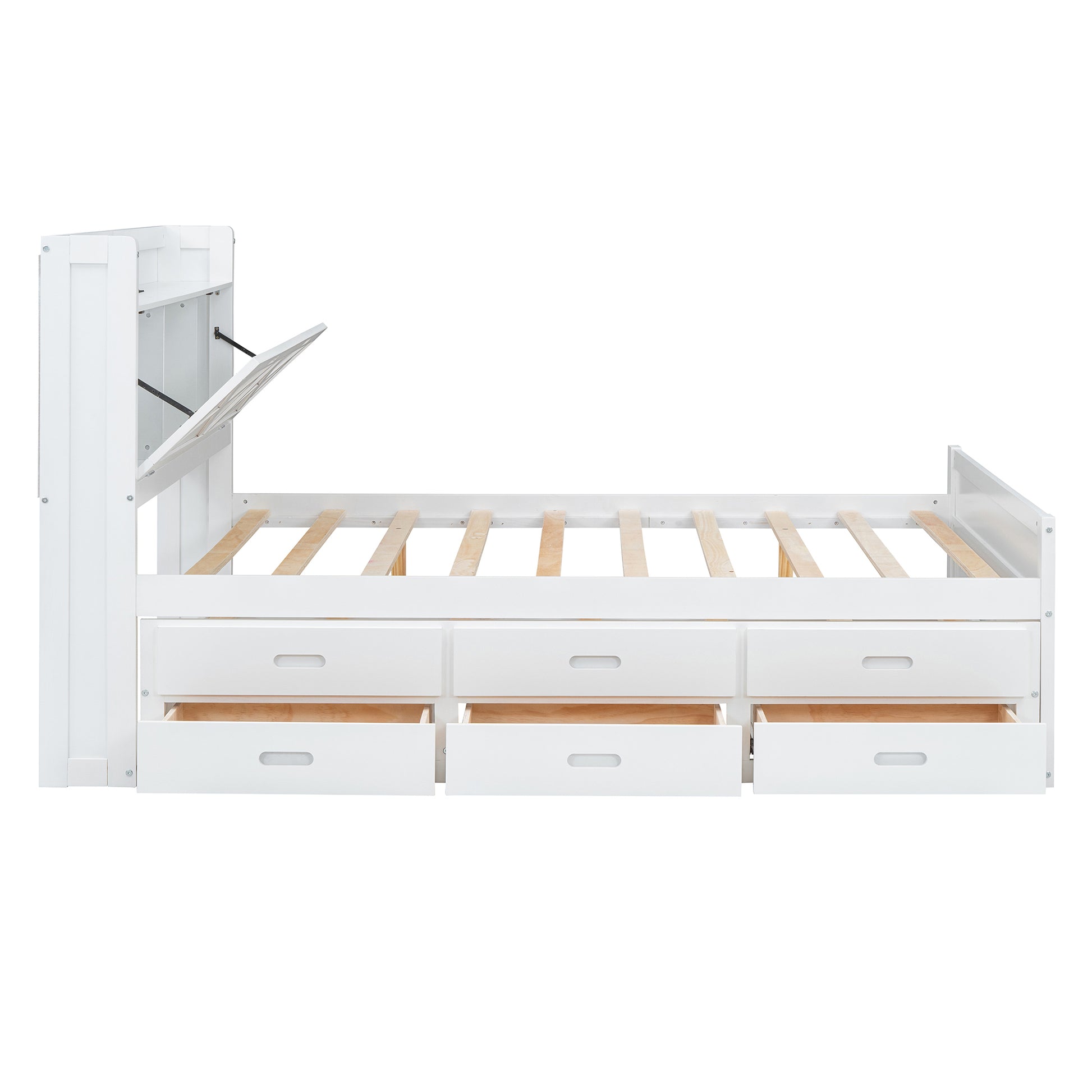 Full Size Wooden Bed With Storage Headboard With Outlets, Extendable Bed With Twin Size Trundle With Three Storage Drawers,White Expected Arrival Time:8.23 Full White Wood